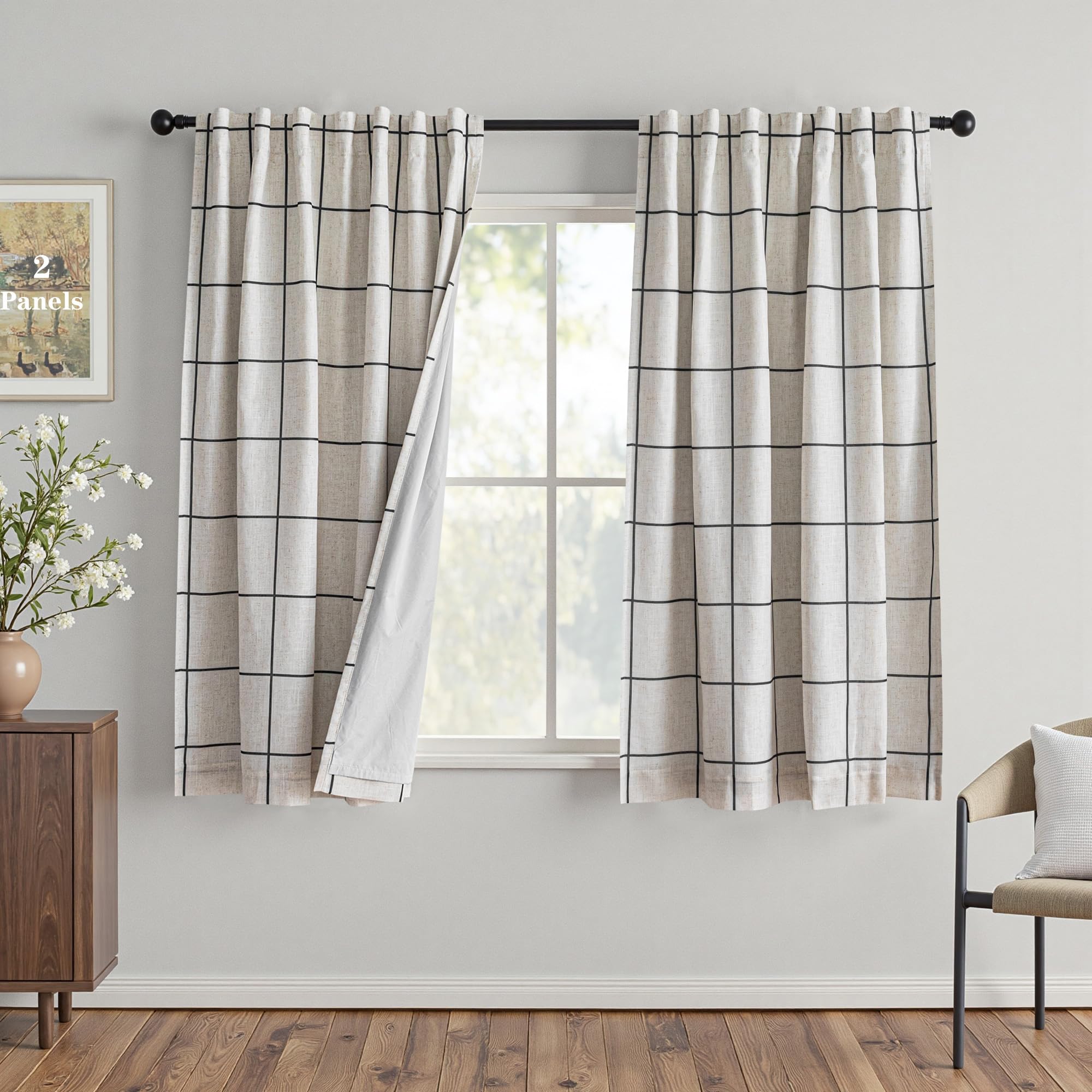 MYSKY HOME 100% Blackout Plaid Farmhouse Linen Curtains 84 Inch Long 2 Panels Set for Living Room Double Layer Windowpane Drapes Thermal Insulated Privacy Protection Rod Pocket Back Tab, 52" W, Black