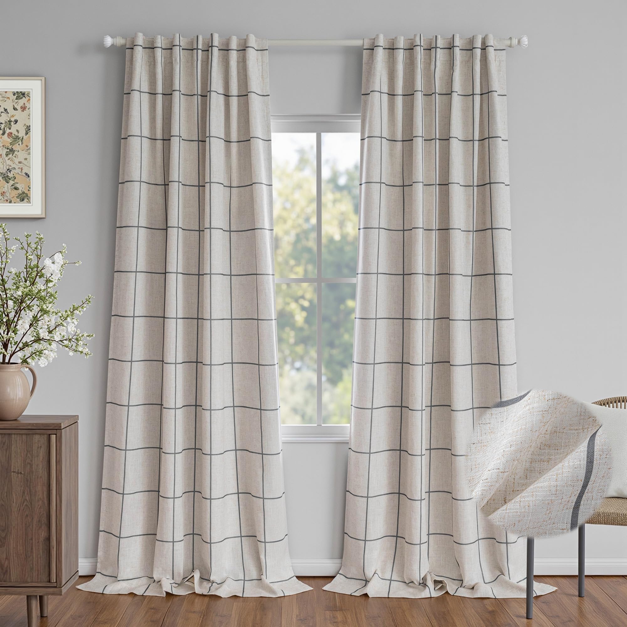 MYSKY HOME 100% Blackout Plaid Farmhouse Linen Curtains 84 Inch Long 2 Panels Set for Living Room Double Layer Windowpane Drapes Thermal Insulated Privacy Protection Rod Pocket Back Tab, 52" W, Black