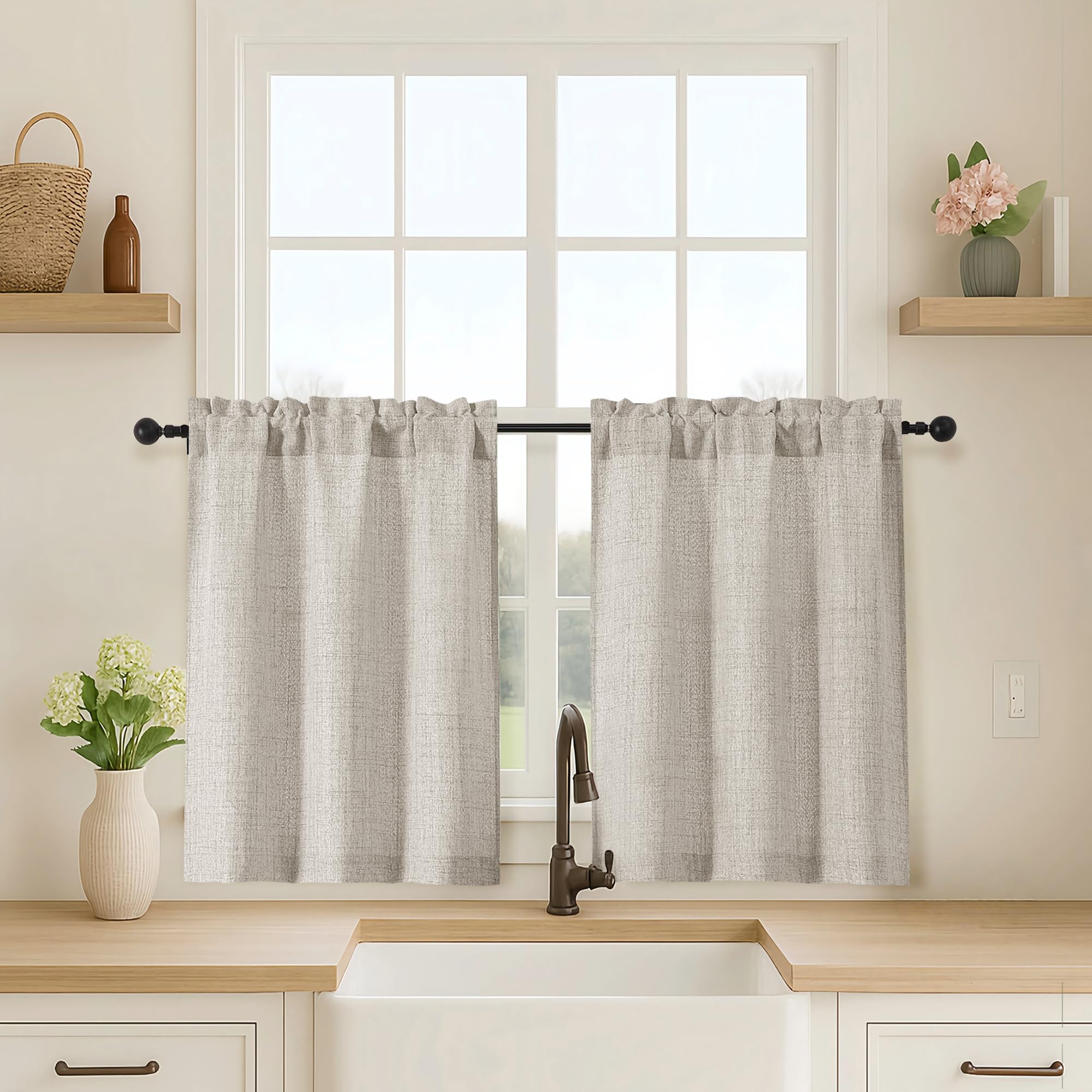 OVZME Kitchen Curtains 24 Inch Length, Light Filtering Faux Linen Textured Small Cafe Curtains, Short Window Curtain Tiers for Cabinet Bathroom Basement RV Camper, 30Wx24L Inch, 2PCS, Terracotta