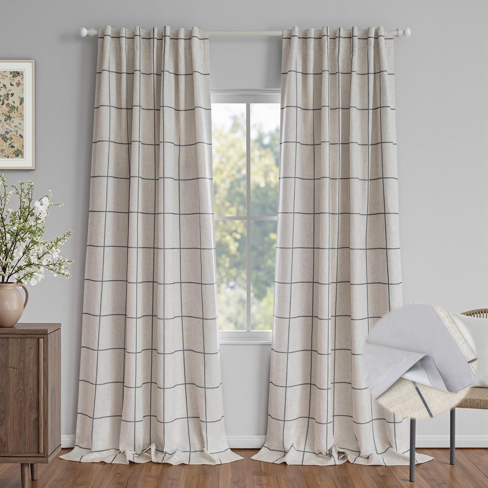 MYSKY HOME 100% Blackout Plaid Farmhouse Linen Curtains 84 Inch Long 2 Panels Set for Living Room Double Layer Windowpane Drapes Thermal Insulated Privacy Protection Rod Pocket Back Tab, 52" W, Black