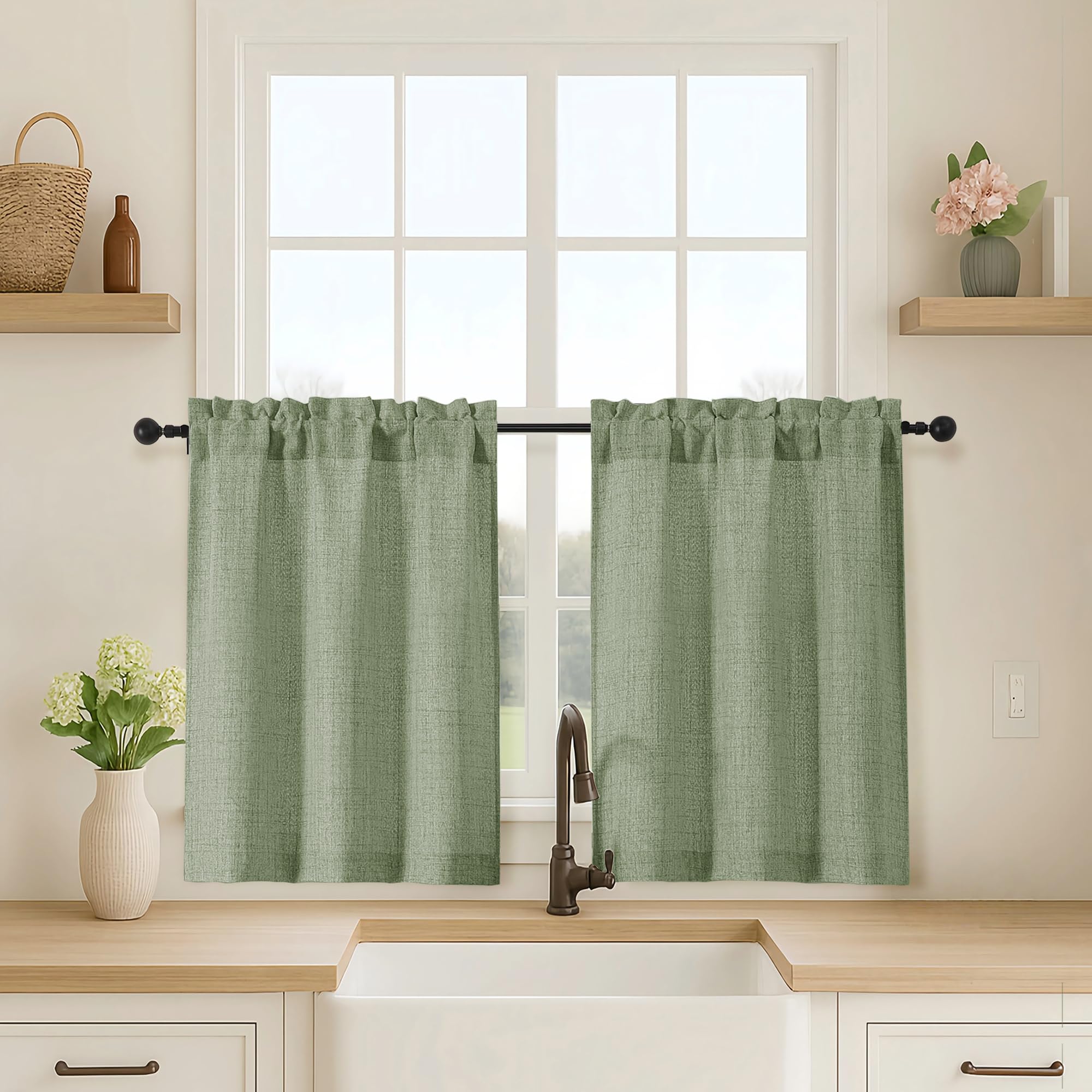 OVZME Kitchen Curtains 24 Inch Length, Light Filtering Faux Linen Textured Small Cafe Curtains, Short Window Curtain Tiers for Cabinet Bathroom Basement RV Camper, 30Wx24L Inch, 2PCS, Terracotta