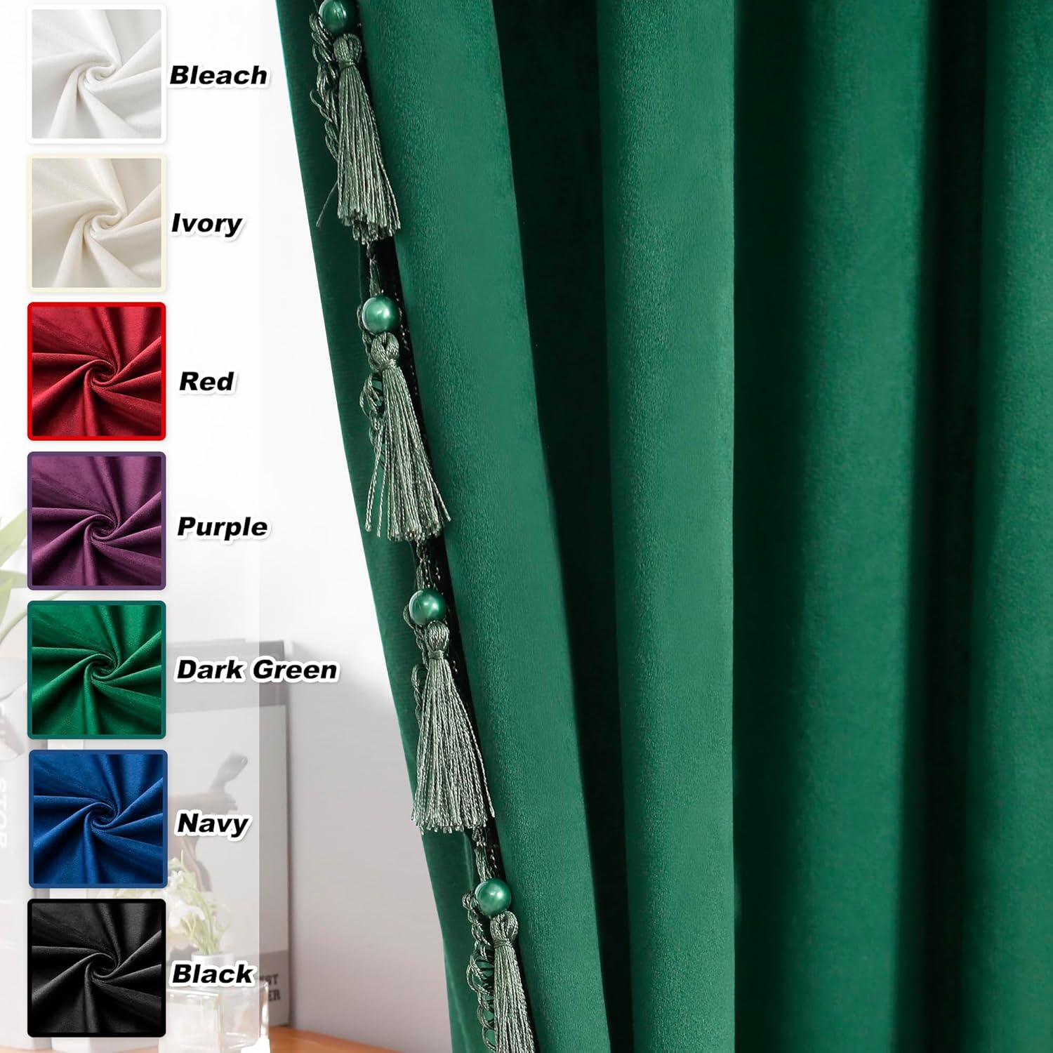 Dark Green Blackout Velvet Curtains 72 inch Length Windows Rod Pocket Drapes with Tassels Soundproof Thermal Curtains for Living room 2 Panels Set 52" x 72"