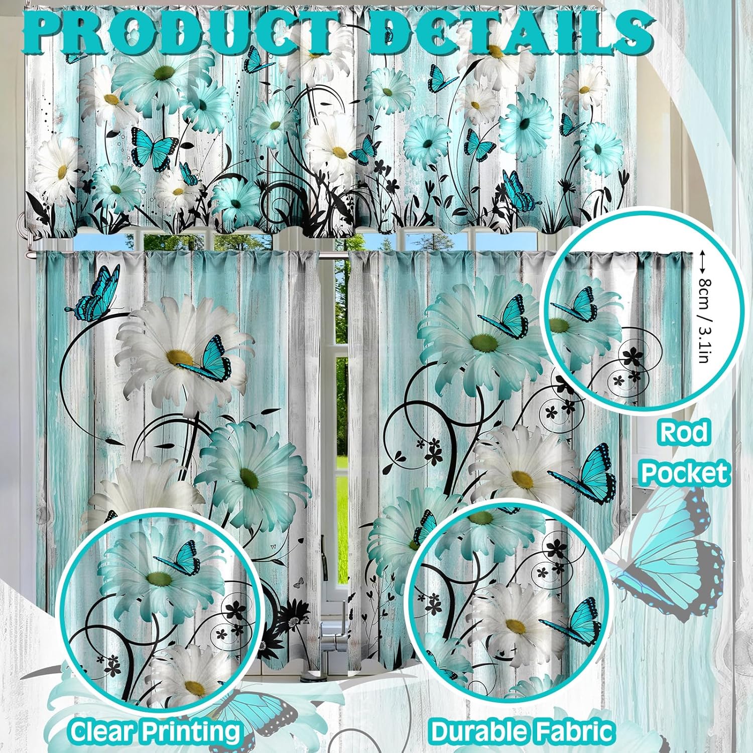 Breling 3 Pcs Teal Daisy Kitchen Curtains Valances and Tiers Set for Windows Spring Daisy Garden Flying Butterflies Boots Blue Decor Short Curtain Set for Bedroom Window Turquoise Decor Party Supplies