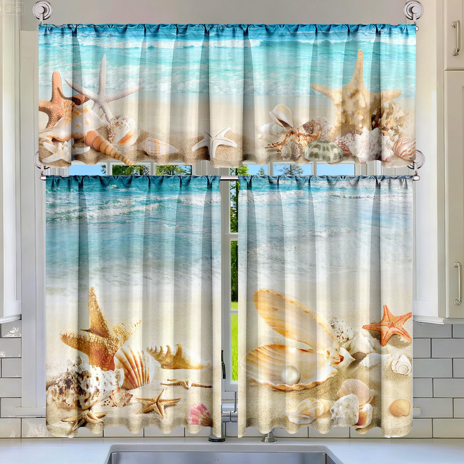 Breling 3 Pcs Teal Daisy Kitchen Curtains Valances and Tiers Set for Windows Spring Daisy Garden Flying Butterflies Boots Blue Decor Short Curtain Set for Bedroom Window Turquoise Decor Party Supplies