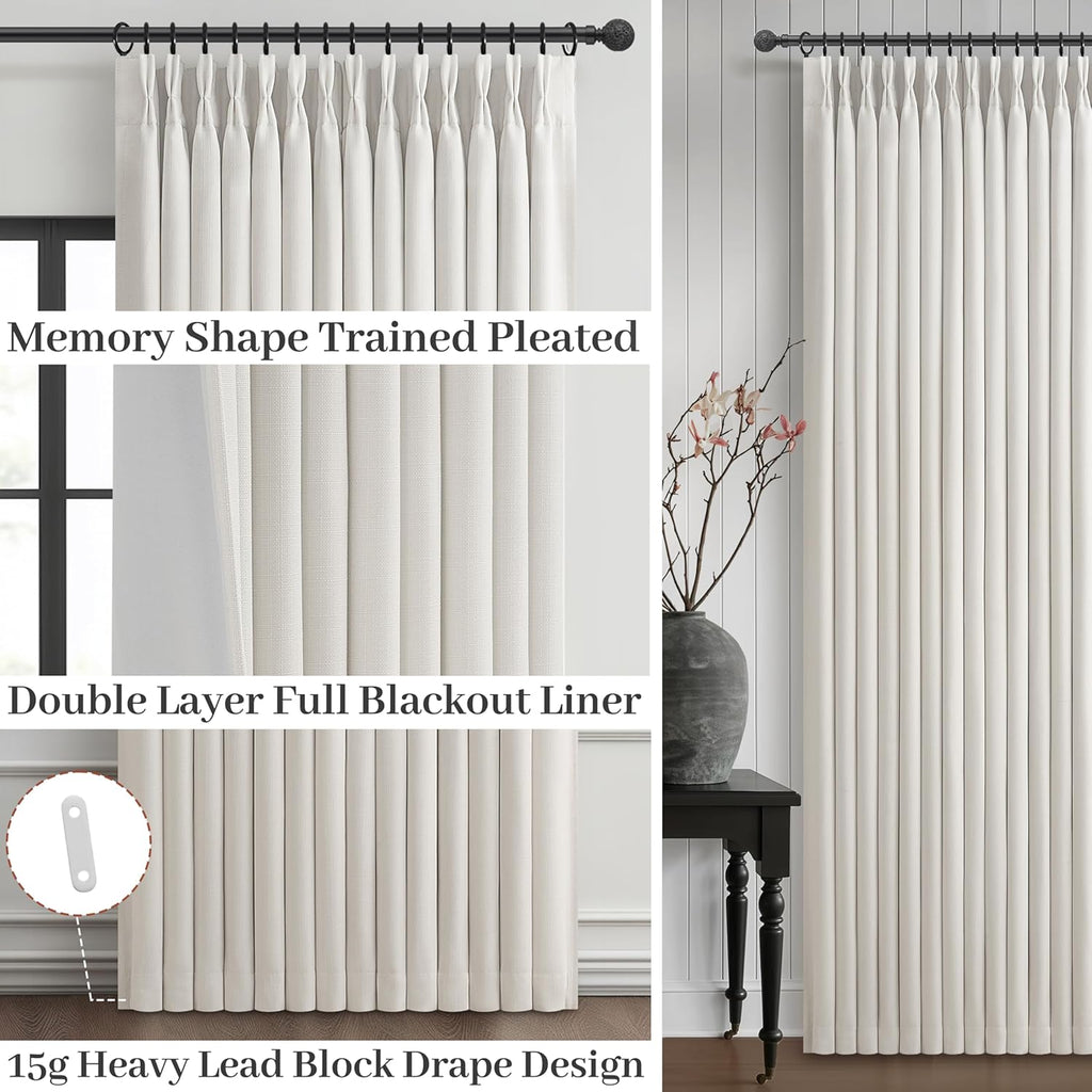 100% Blackout Linen 96 Inch Curtains 2 Panel Set for Bedroom, Modern Pinch Pleated Natural Linen Off Beige White Insulated Heavy Curtain 40 x 96 Inches Length Sliding Glass Door Room Darkening Drapes