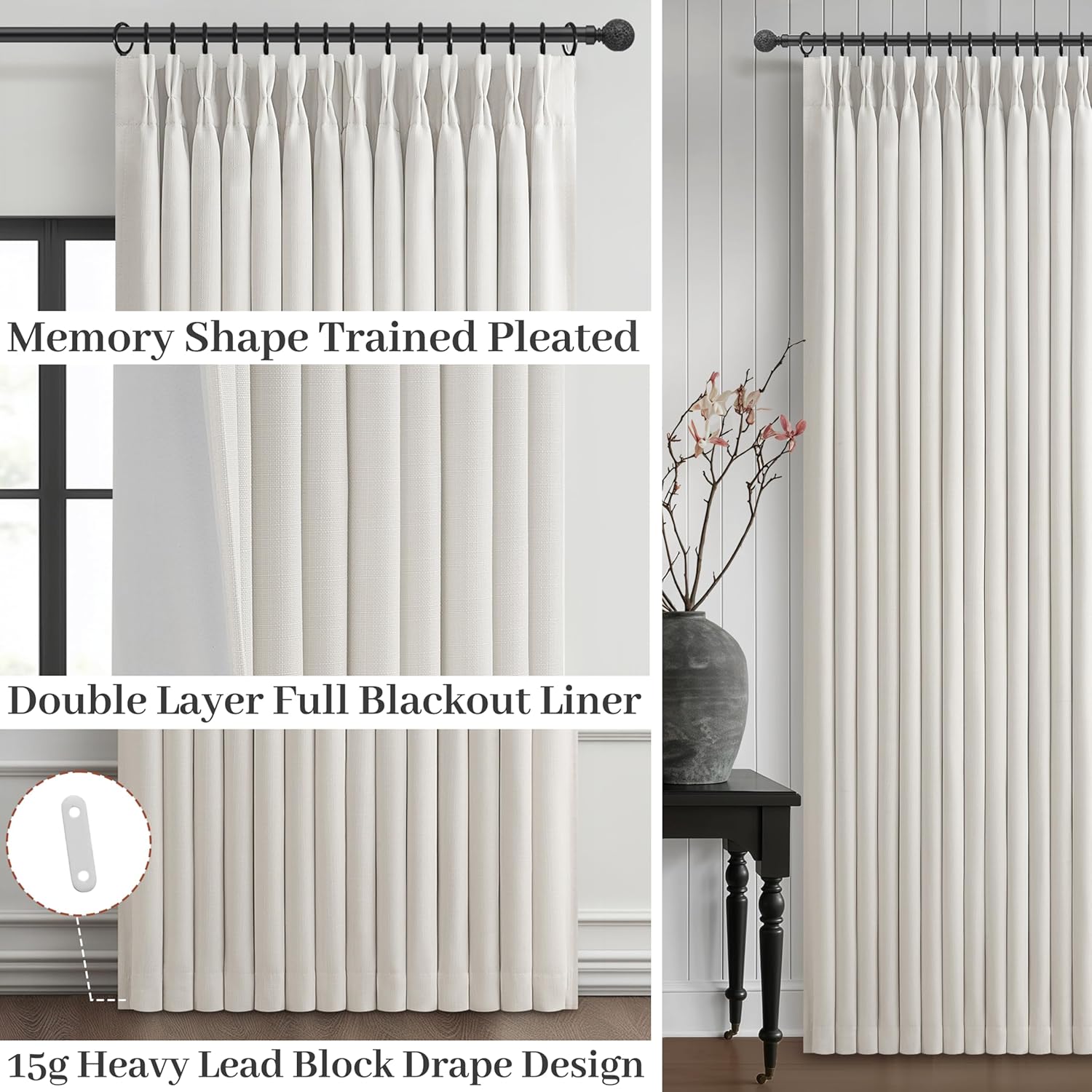 100% Blackout Linen 96 Inch Curtains 2 Panel Set for Bedroom, Modern Pinch Pleated Natural Linen Off Beige White Insulated Heavy Curtain 40 x 96 Inches Length Sliding Glass Door Room Darkening Drapes