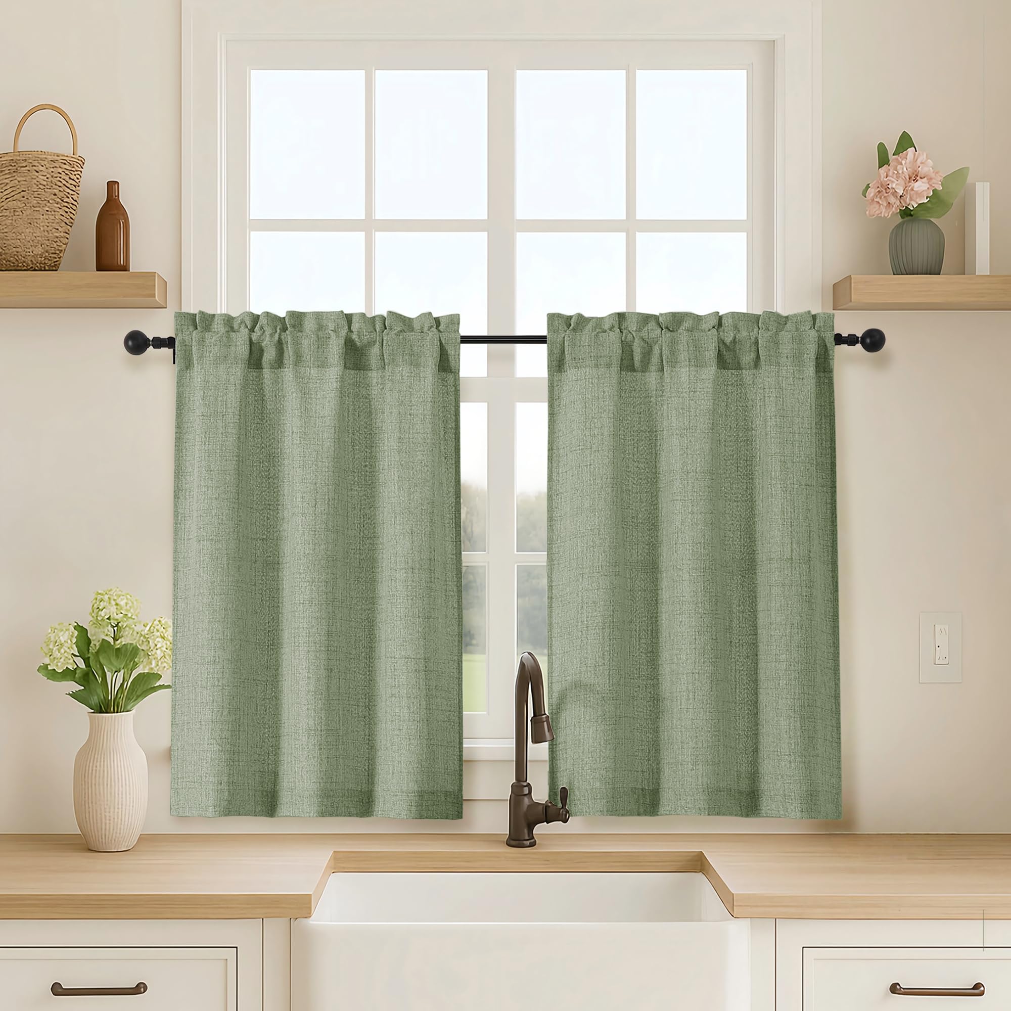 OVZME Kitchen Curtains 24 Inch Length, Light Filtering Faux Linen Textured Small Cafe Curtains, Short Window Curtain Tiers for Cabinet Bathroom Basement RV Camper, 30Wx24L Inch, 2PCS, Terracotta