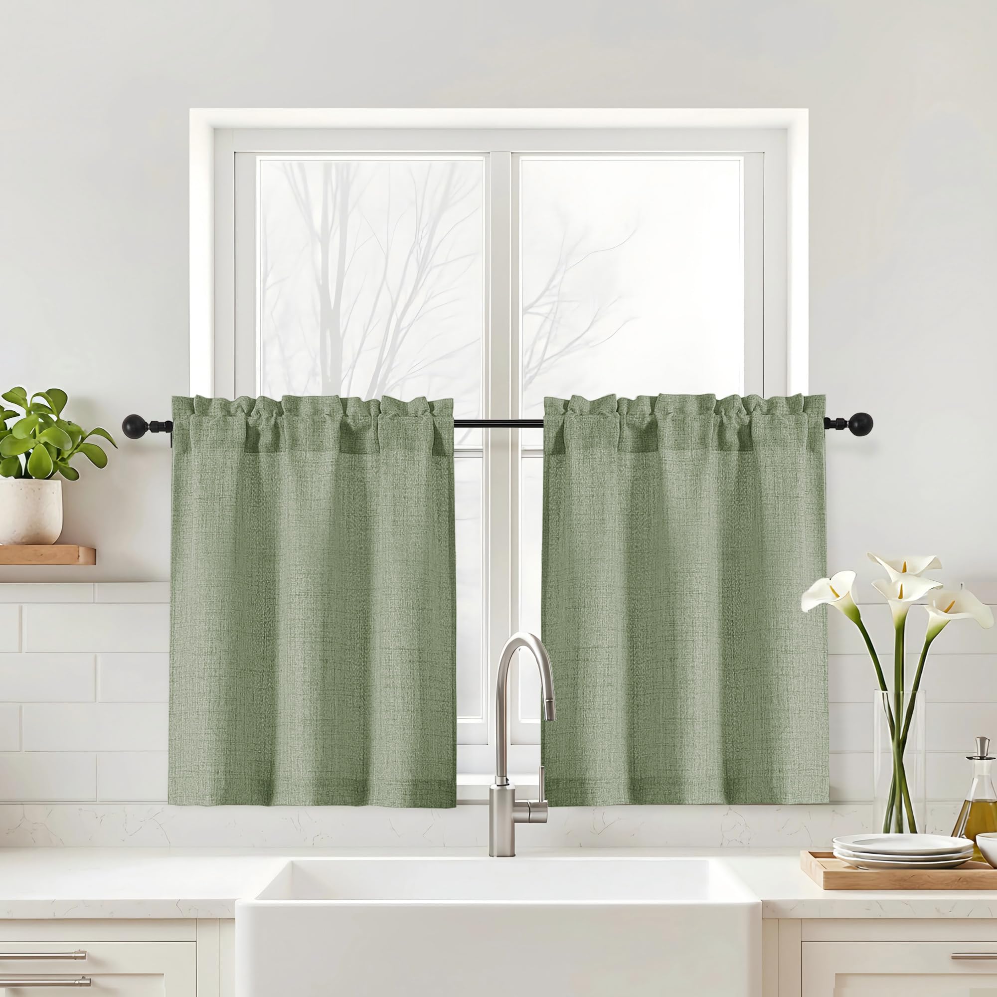 Navy Blue Kitchen Curtains 24 Inch Length - Faux Linen Textured Light Filtering Short Curtains for Bathroom, Rod Pocket Small Kitchen Window Curtains Over Sink, 2 Panels, 30Wx24L Inches