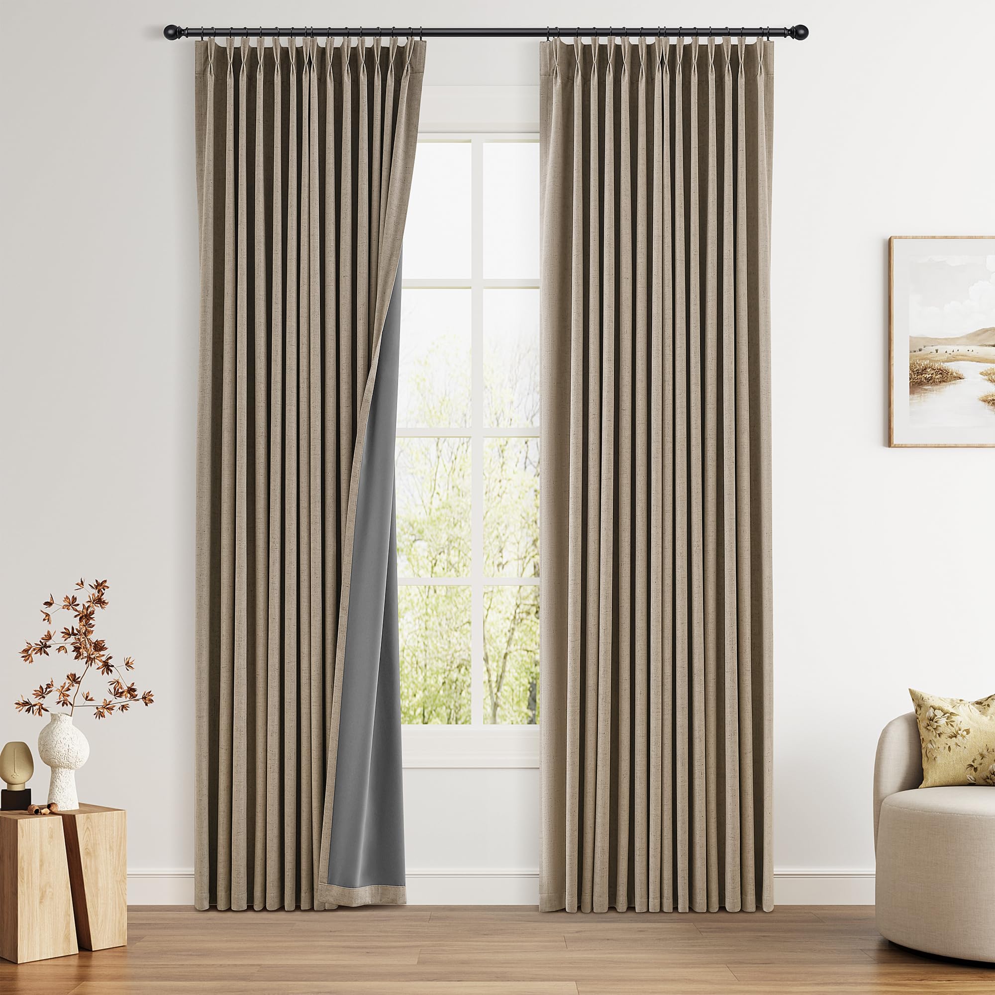 100% Blackout Sage Green Linen Curtains Pinch Pleated Green Blackout Curtains 84 Inches Long for Bedroom Living Room Memory Shaped Thermal Insulated Pinch Pleat Drapes with Hooks Rings Clips 7FT