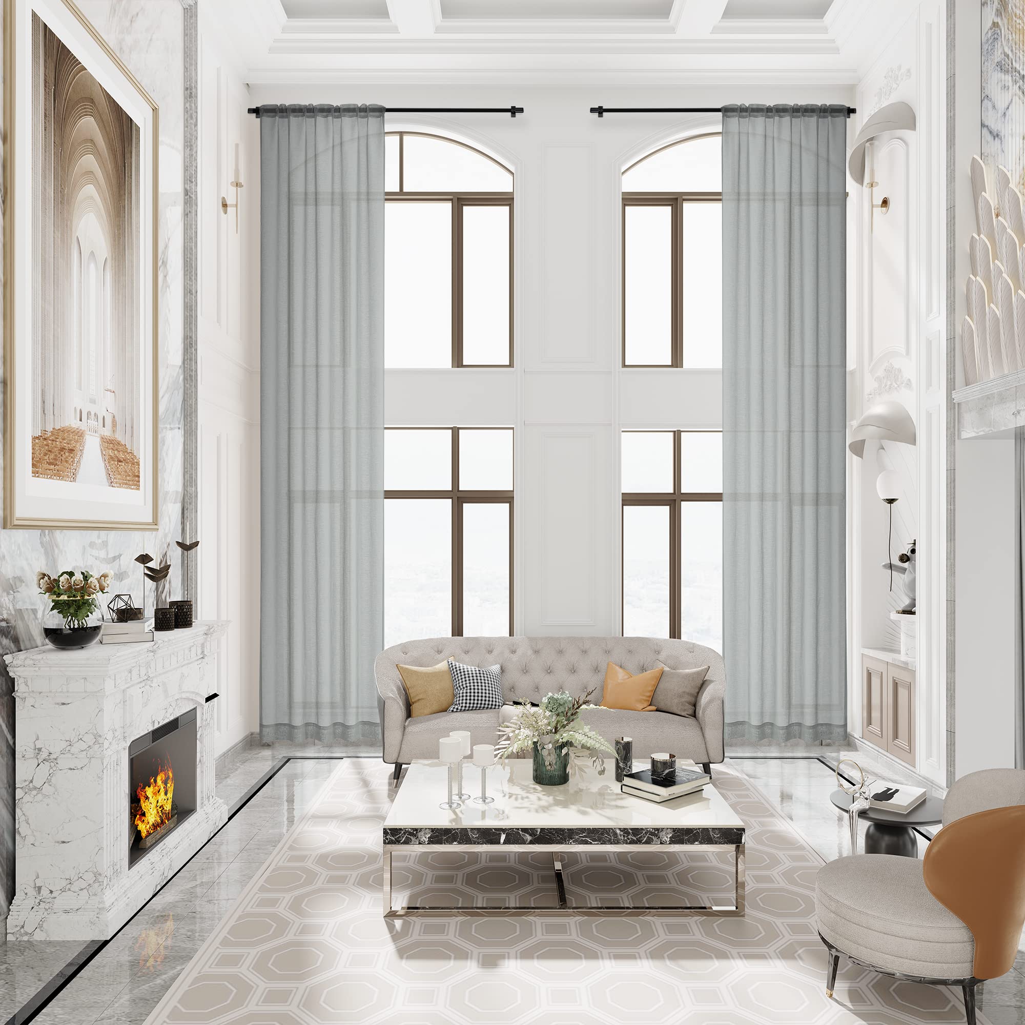 MASWOND Extra Long Faux Linen Sheer Curtain, High Ceilings, Rod Pocket Translucent Voile Sheer Breathable Curtain Panels for Living Room, Custom Made 16ft Length, 50" W x 192" L, White, 1 Panel