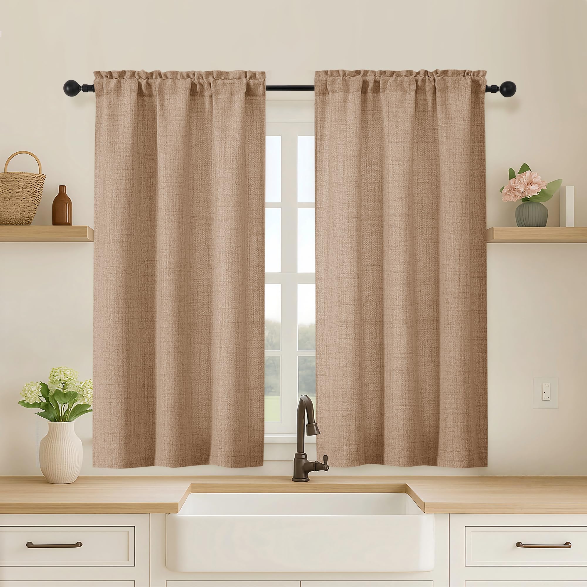 OVZME Kitchen Curtains 24 Inch Length, Light Filtering Faux Linen Textured Small Cafe Curtains, Short Window Curtain Tiers for Cabinet Bathroom Basement RV Camper, 30Wx24L Inch, 2PCS, Terracotta