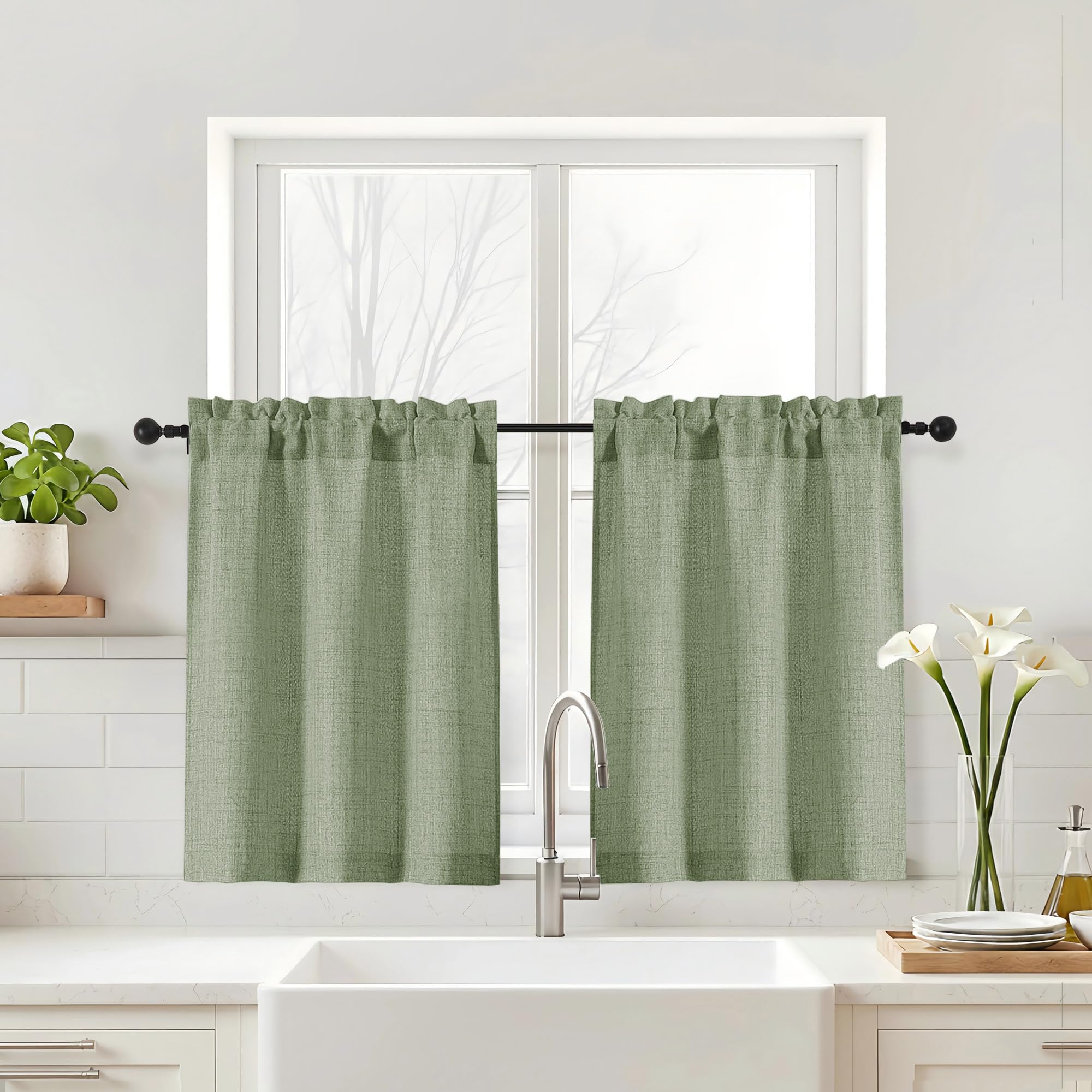 Navy Blue Kitchen Curtains 24 Inch Length - Faux Linen Textured Light Filtering Short Curtains for Bathroom, Rod Pocket Small Kitchen Window Curtains Over Sink, 2 Panels, 30Wx24L Inches
