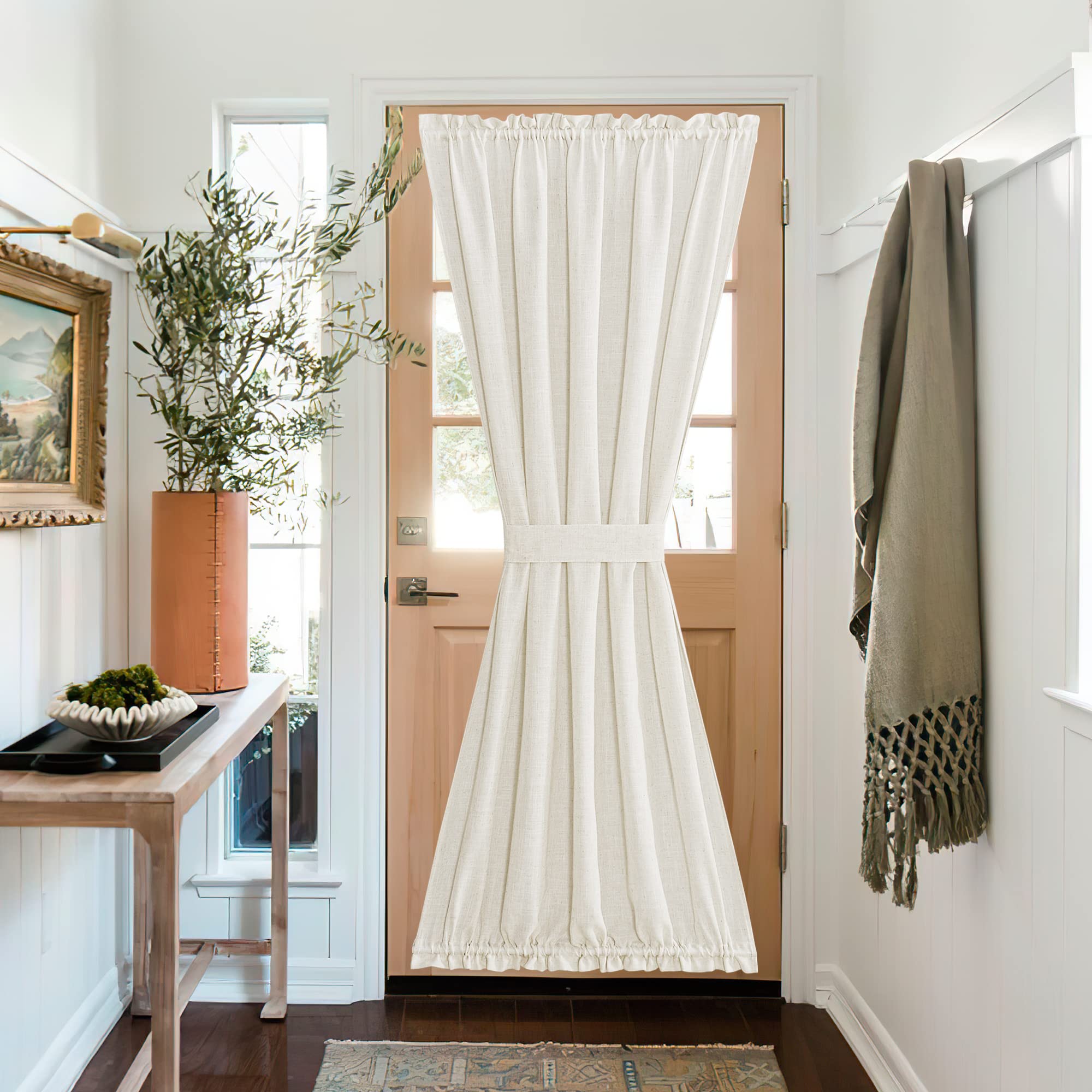 NICETOWN Front Door Curtain - Soft Beige Linen Weave Pattern Door Shade for Windows Light Filtering Rod Pocket French Window Cover for Entryway/Garage with Tieback, 1 Panel, 26" W x 40" L