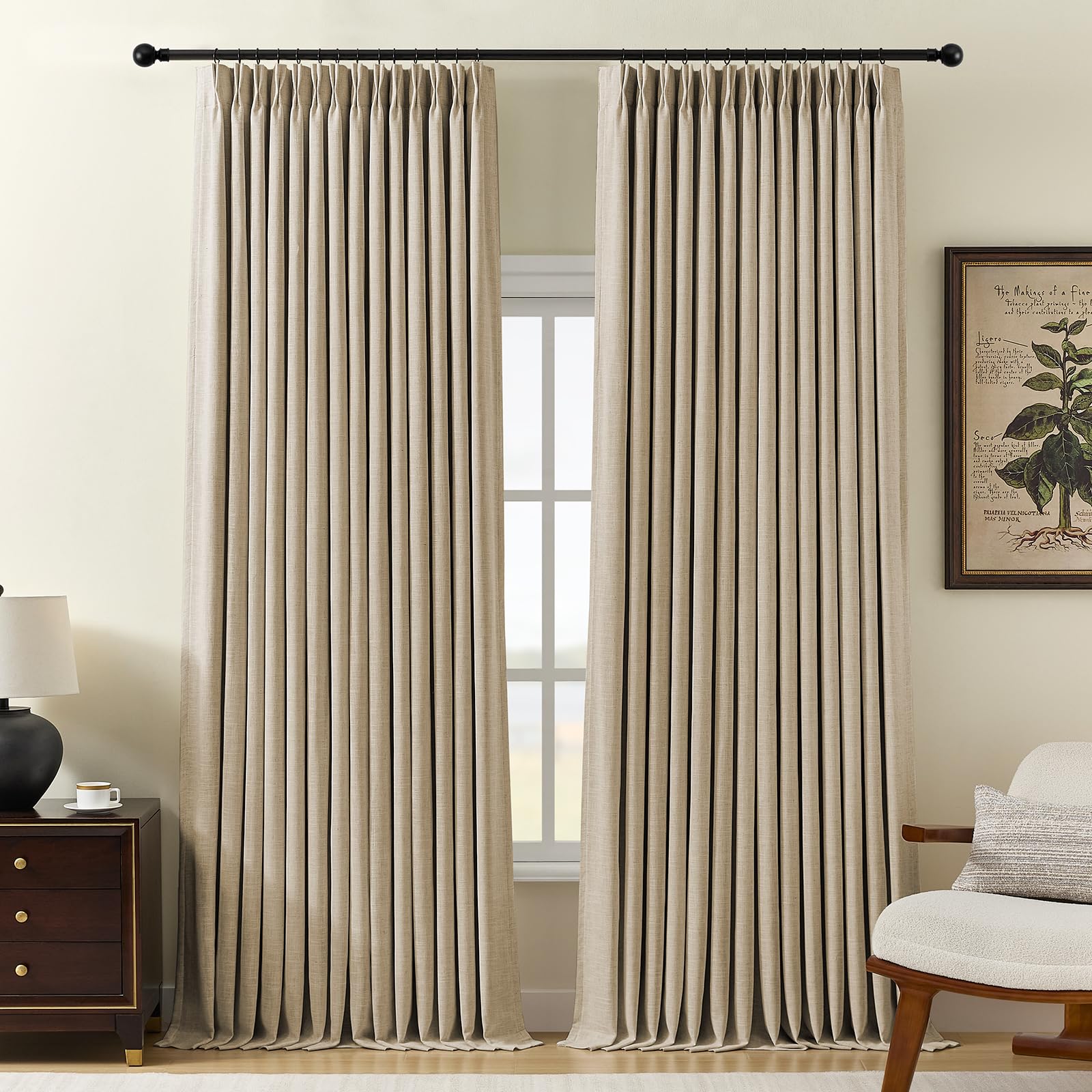 Pinch Pleated Curtains 100% Blackout Linen Curtains 95 Inches Long for Bedroom Living Room, Natural Memory Trained Thermal Insulated Room Darkening Window Pleat Drapes with Hooks, 2 Panels, 40"Wx95"L