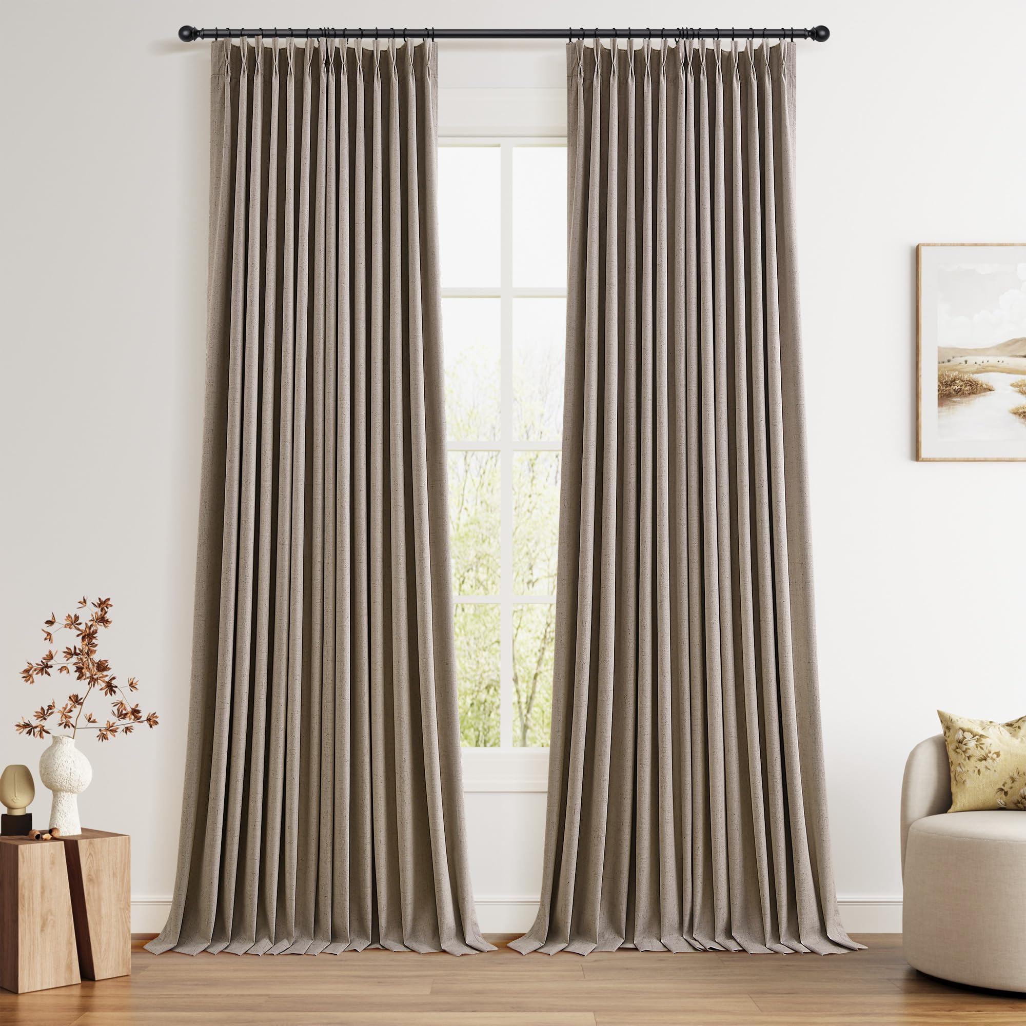 100% Blackout Sage Green Linen Curtains Pinch Pleated Green Blackout Curtains 84 Inches Long for Bedroom Living Room Memory Shaped Thermal Insulated Pinch Pleat Drapes with Hooks Rings Clips 7FT