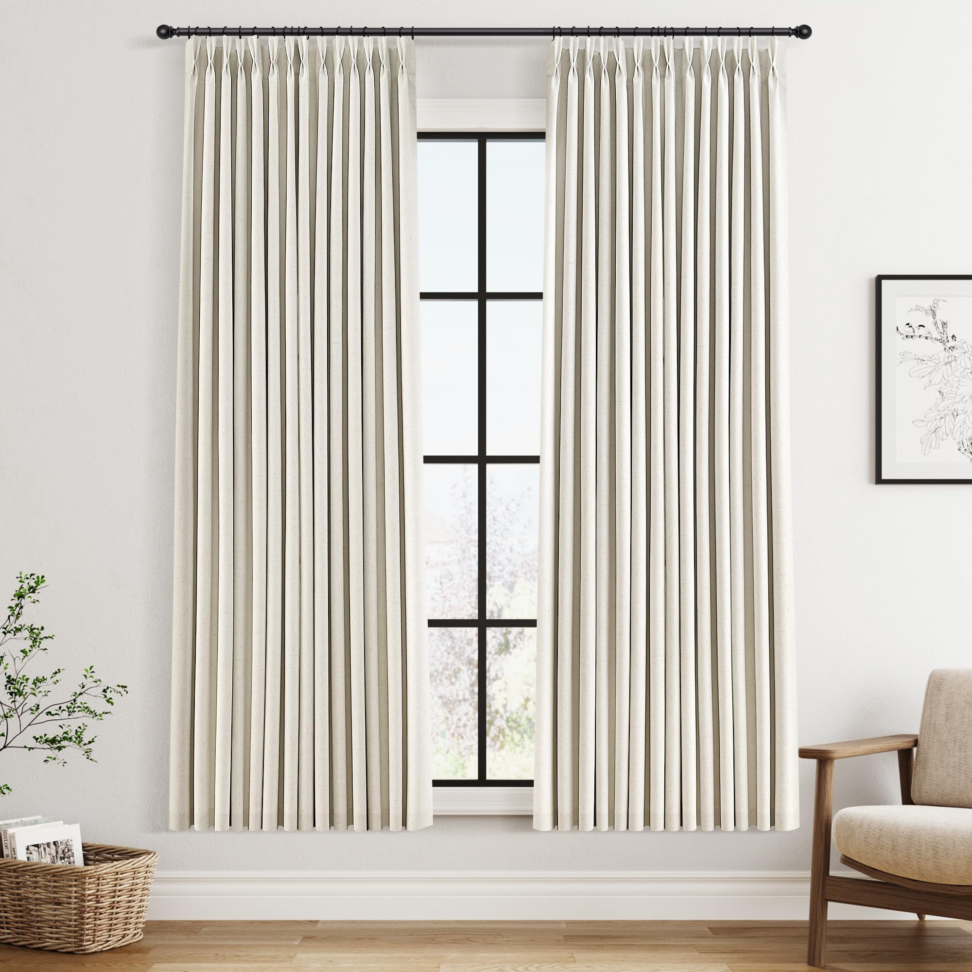 100% Blackout Sage Green Linen Curtains Pinch Pleated Green Blackout Curtains 84 Inches Long for Bedroom Living Room Memory Shaped Thermal Insulated Pinch Pleat Drapes with Hooks Rings Clips 7FT