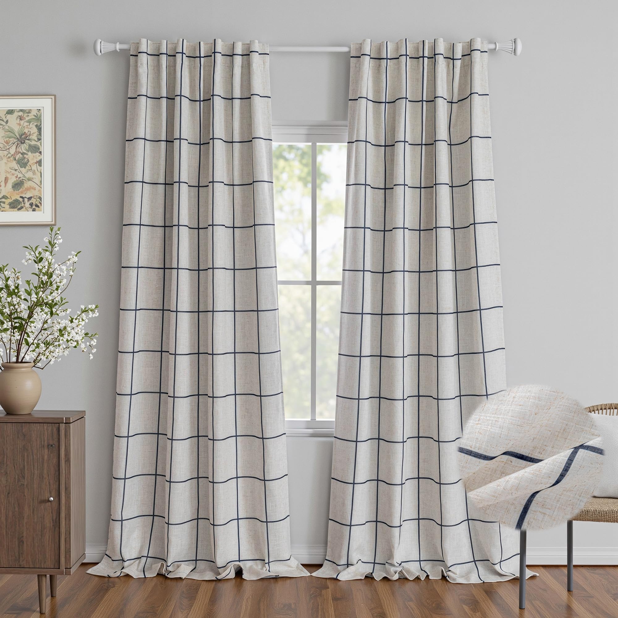 MYSKY HOME 100% Blackout Plaid Farmhouse Linen Curtains 84 Inch Long 2 Panels Set for Living Room Double Layer Windowpane Drapes Thermal Insulated Privacy Protection Rod Pocket Back Tab, 52" W, Black