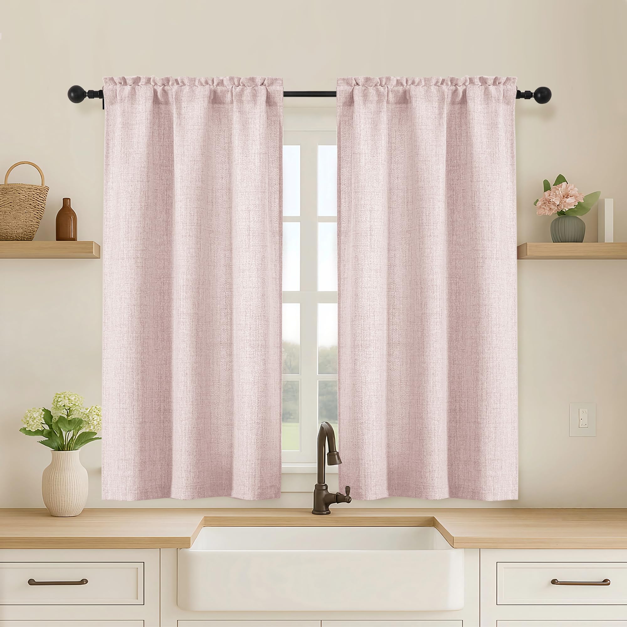 OVZME Kitchen Curtains 24 Inch Length, Light Filtering Faux Linen Textured Small Cafe Curtains, Short Window Curtain Tiers for Cabinet Bathroom Basement RV Camper, 30Wx24L Inch, 2PCS, Terracotta