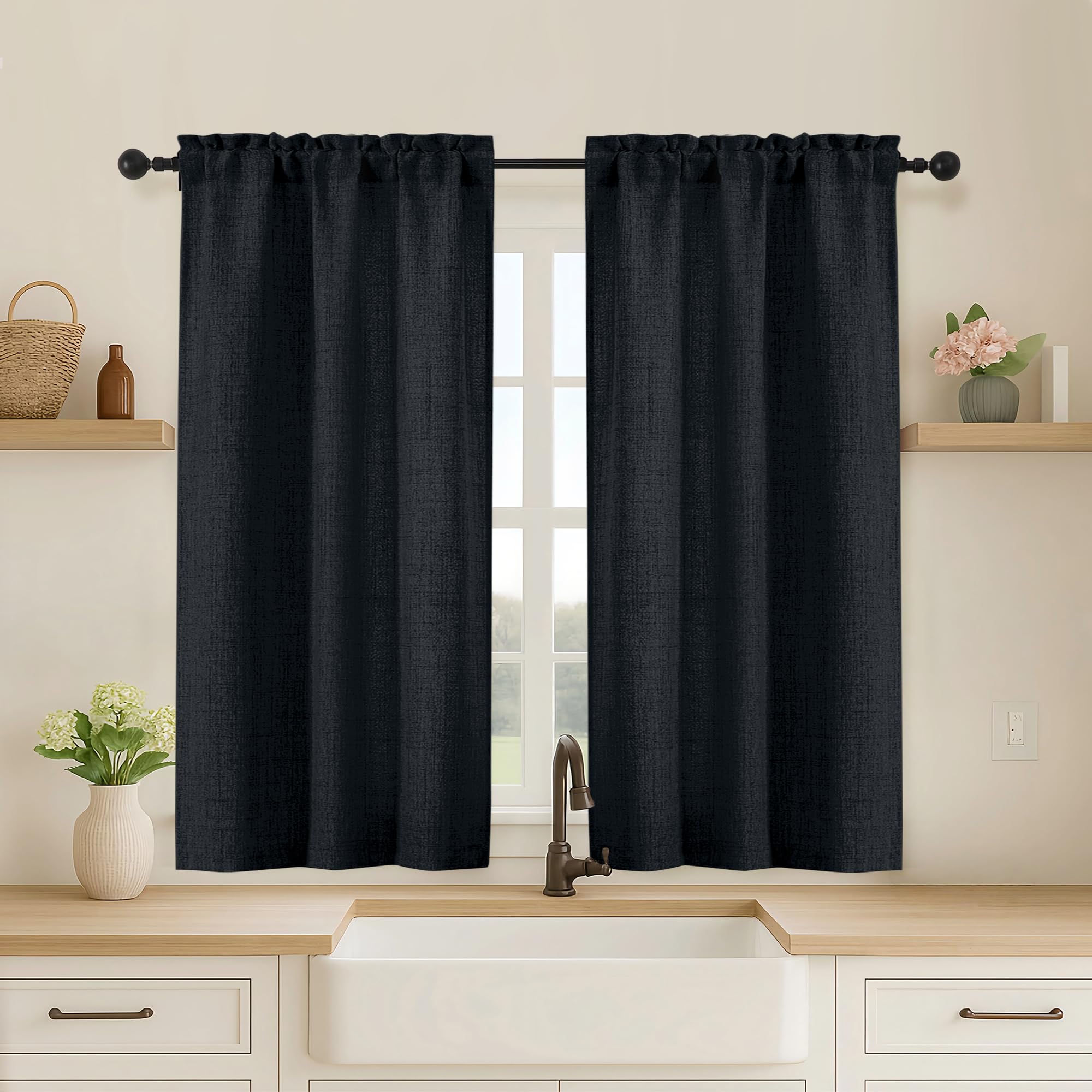 OVZME Kitchen Curtains 24 Inch Length, Light Filtering Faux Linen Textured Small Cafe Curtains, Short Window Curtain Tiers for Cabinet Bathroom Basement RV Camper, 30Wx24L Inch, 2PCS, Terracotta