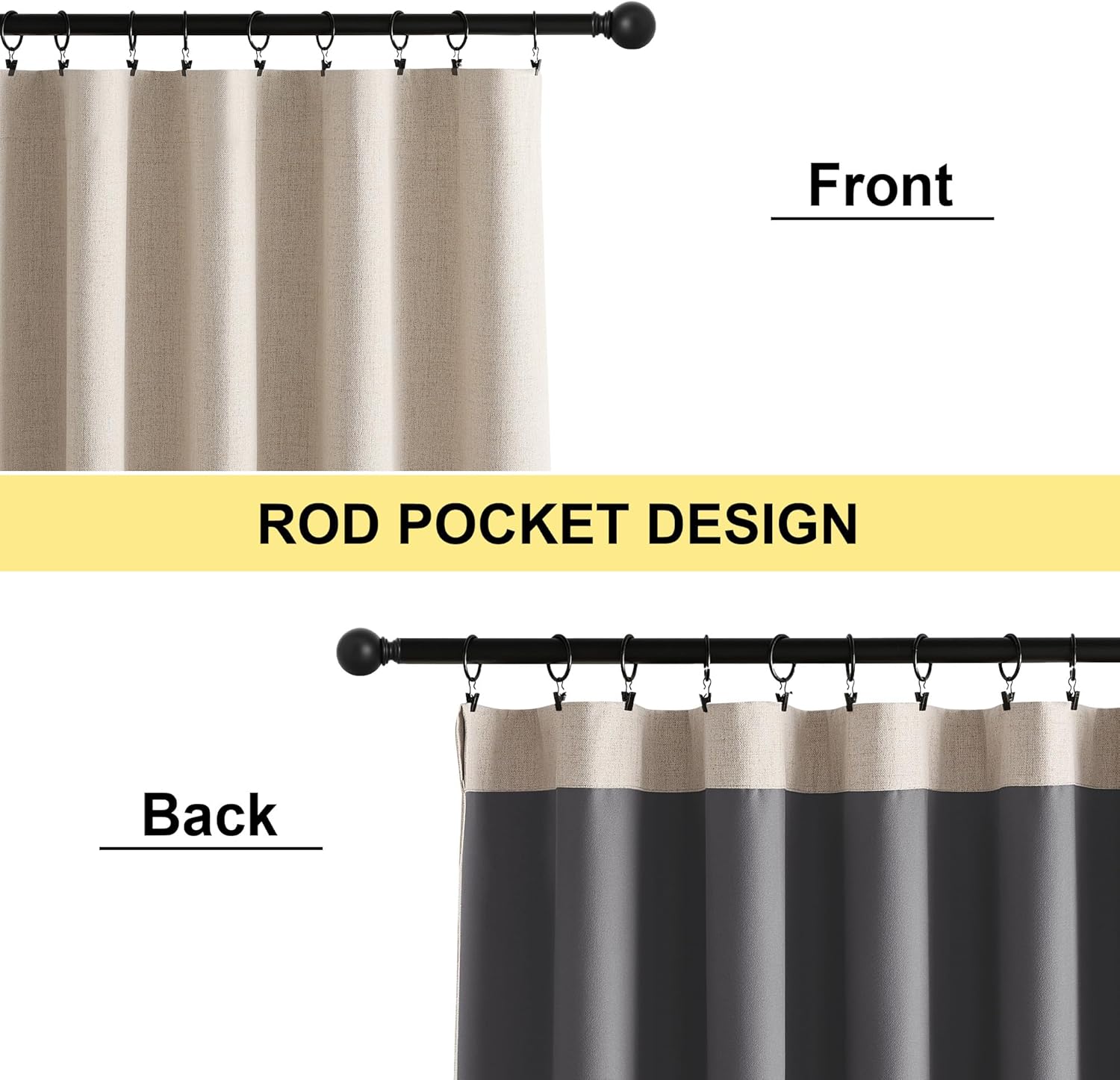 NICETOWN 100% Blackout Curtains for Bedroom, Living Room - Linen Textured Thermal Insulated Drapes Rod Pocket Top, Black Out Curtains with Grey Liner for Privacy, Natural, W52 x L80 in, 2 Panels