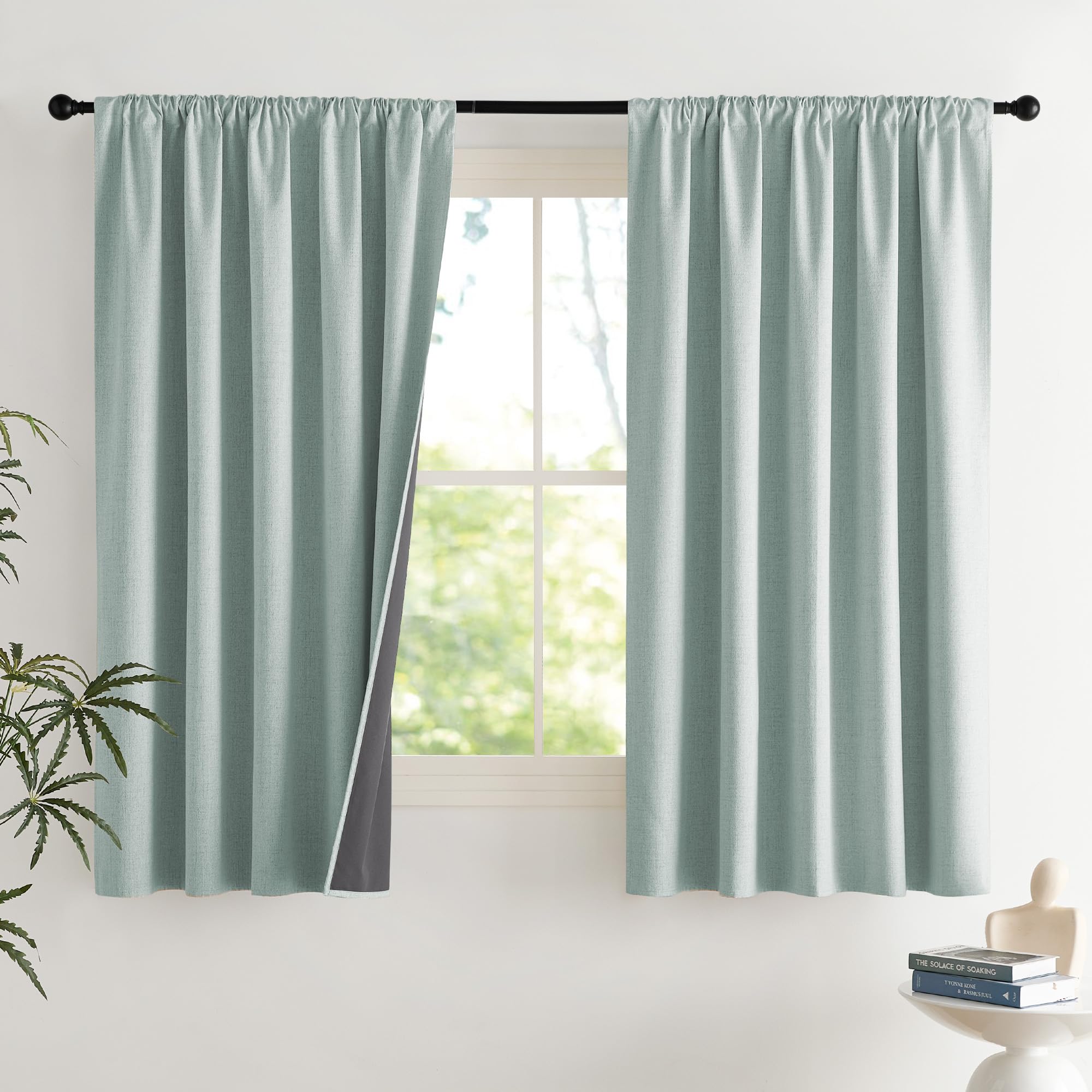 NICETOWN 100% Blackout Curtains for Bedroom, Living Room - Linen Textured Thermal Insulated Drapes Rod Pocket Top, Black Out Curtains with Grey Liner for Privacy, Natural, W52 x L80 in, 2 Panels
