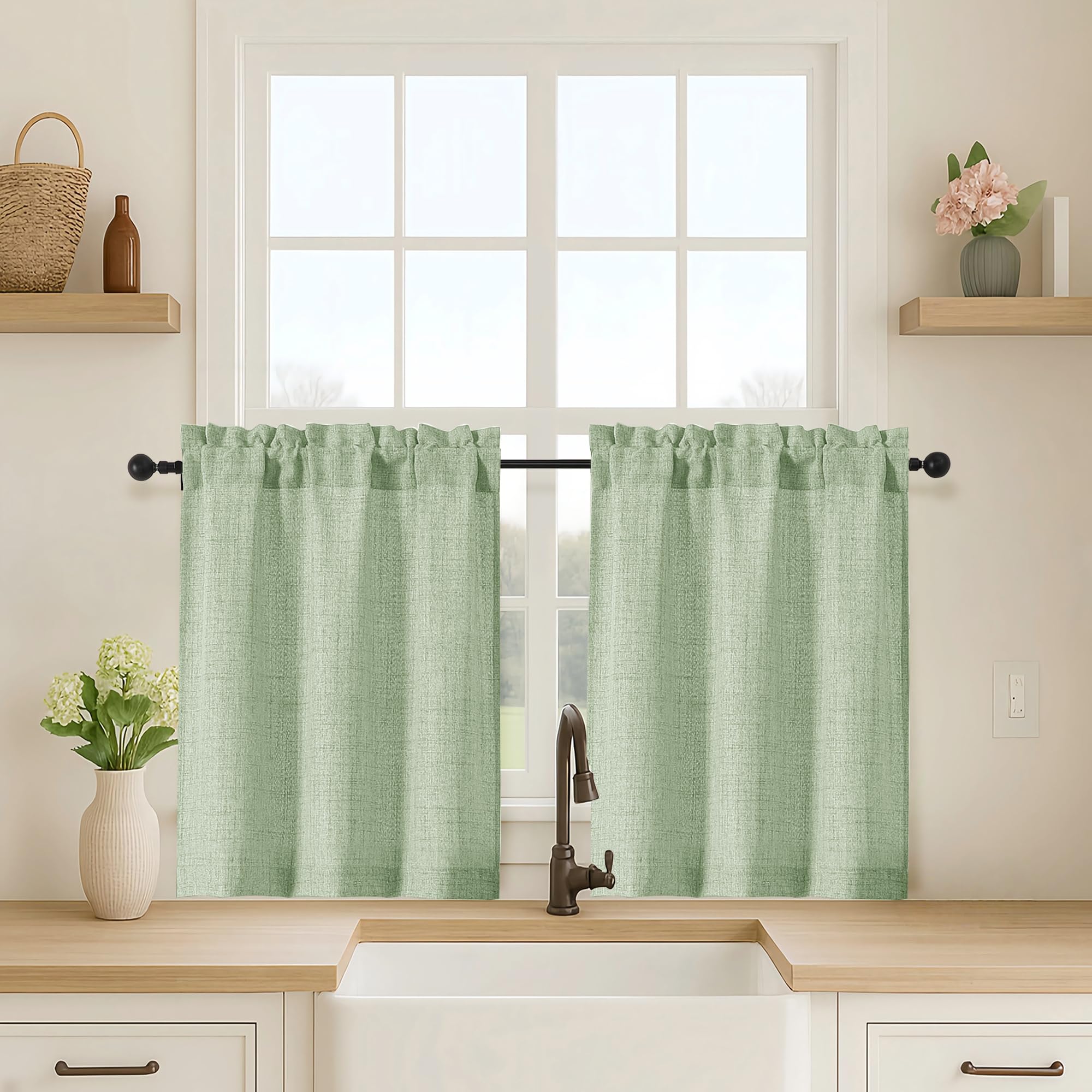 OVZME Kitchen Curtains 24 Inch Length, Light Filtering Faux Linen Textured Small Cafe Curtains, Short Window Curtain Tiers for Cabinet Bathroom Basement RV Camper, 30Wx24L Inch, 2PCS, Terracotta