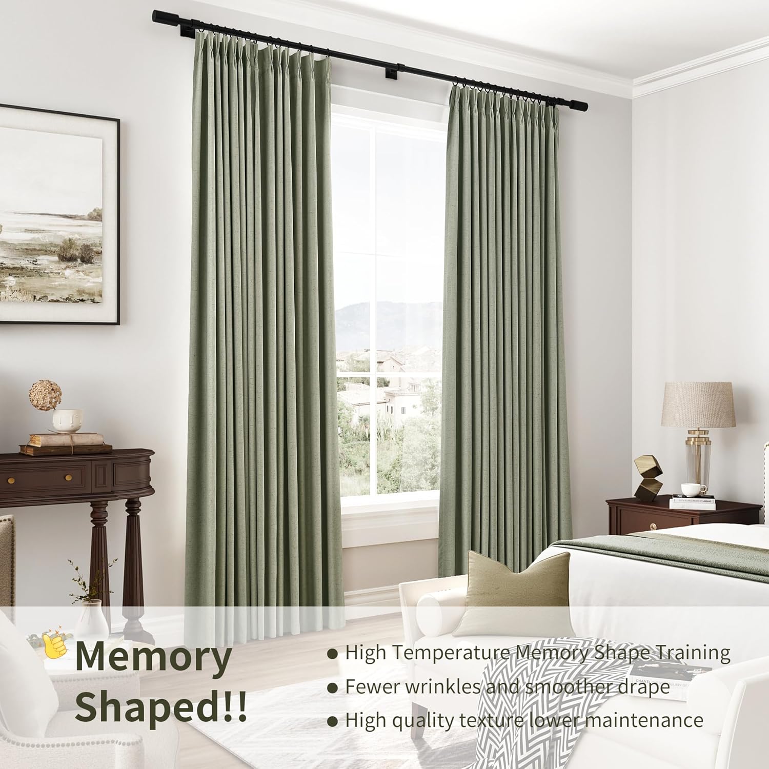 100% Blackout Sage Green Linen Curtains Pinch Pleated Green Blackout Curtains 84 Inches Long for Bedroom Living Room Memory Shaped Thermal Insulated Pinch Pleat Drapes with Hooks Rings Clips 7FT