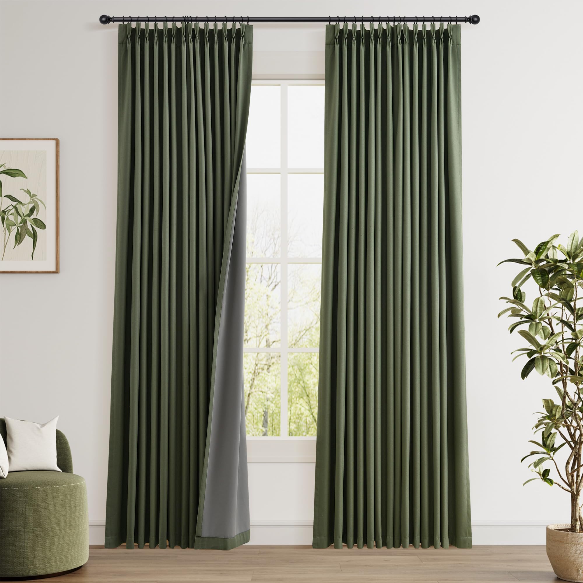100% Blackout Sage Green Linen Curtains Pinch Pleated Green Blackout Curtains 84 Inches Long for Bedroom Living Room Memory Shaped Thermal Insulated Pinch Pleat Drapes with Hooks Rings Clips 7FT