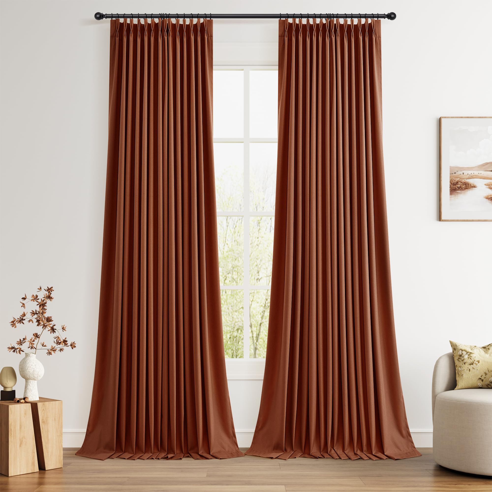 100% Blackout Sage Green Linen Curtains Pinch Pleated Green Blackout Curtains 84 Inches Long for Bedroom Living Room Memory Shaped Thermal Insulated Pinch Pleat Drapes with Hooks Rings Clips 7FT