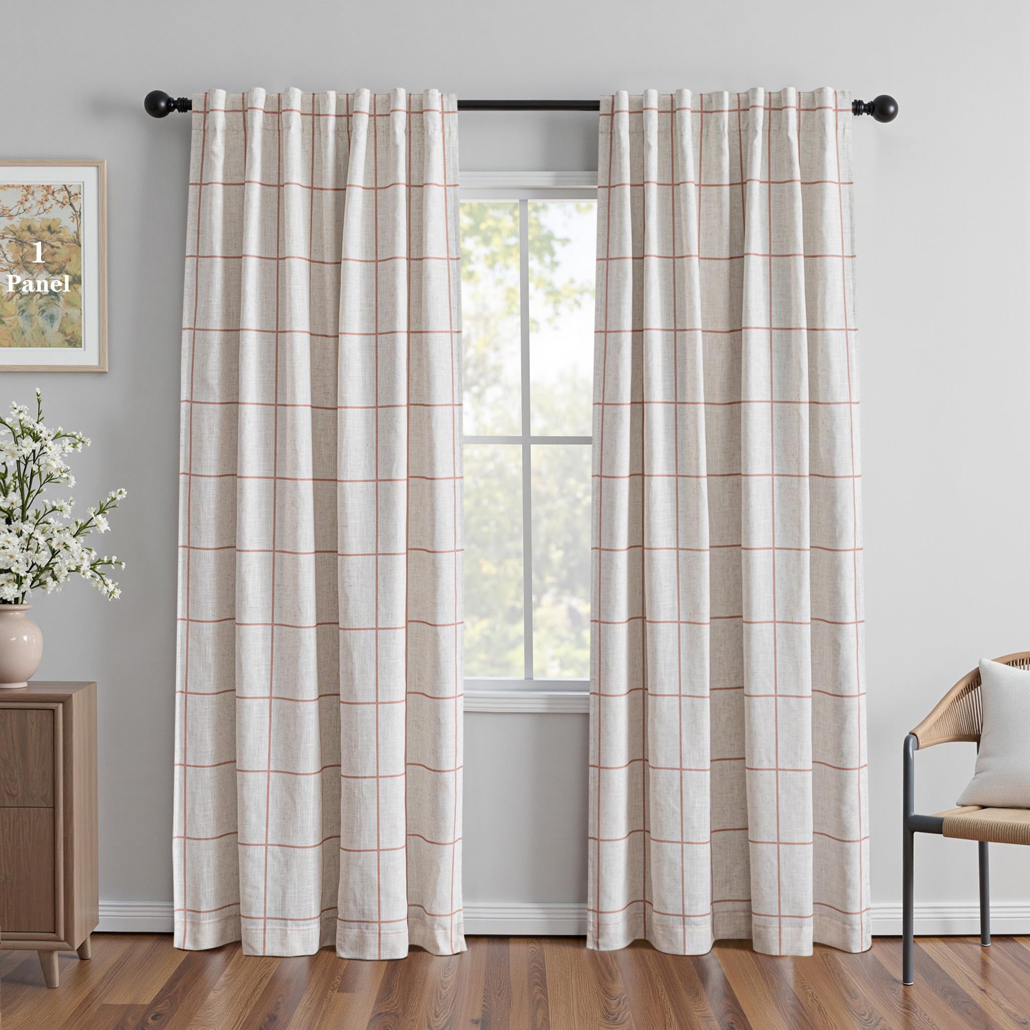 MYSKY HOME 100% Blackout Plaid Farmhouse Linen Curtains 84 Inch Long 2 Panels Set for Living Room Double Layer Windowpane Drapes Thermal Insulated Privacy Protection Rod Pocket Back Tab, 52" W, Black