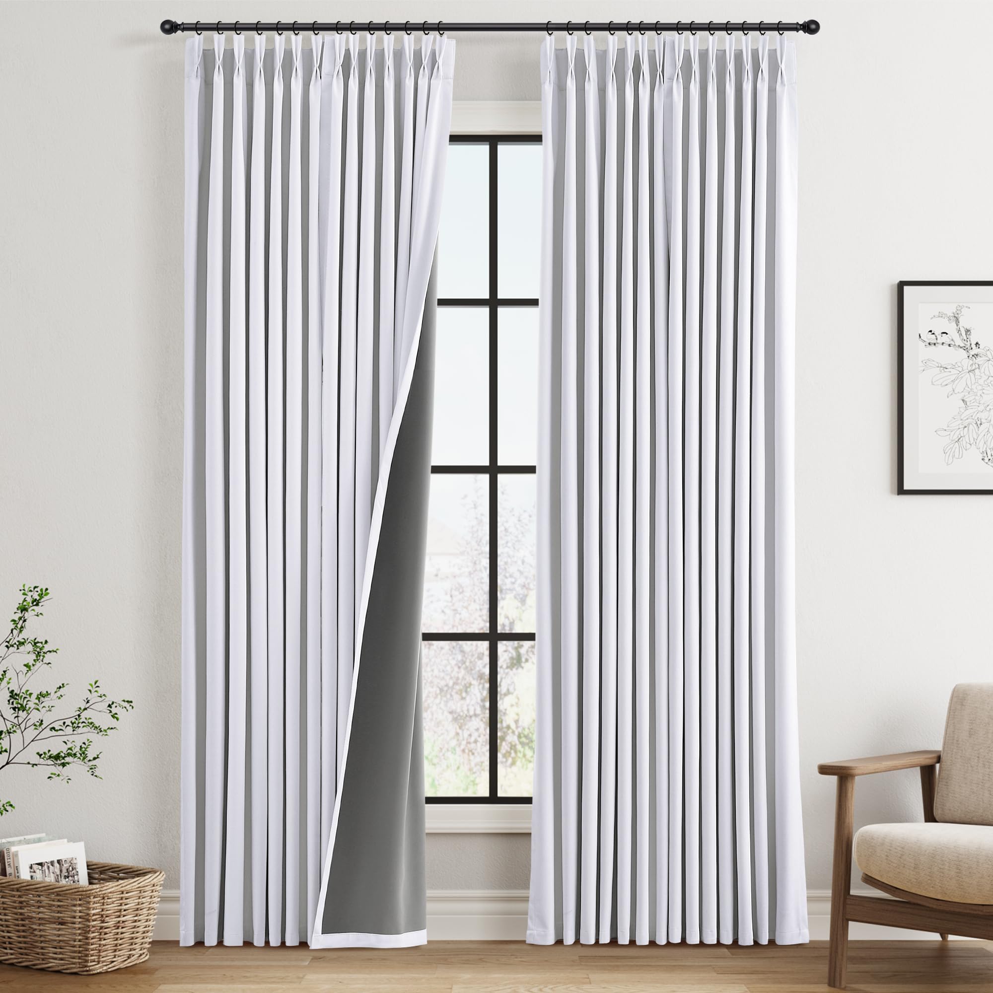 100% Blackout Sage Green Linen Curtains Pinch Pleated Green Blackout Curtains 84 Inches Long for Bedroom Living Room Memory Shaped Thermal Insulated Pinch Pleat Drapes with Hooks Rings Clips 7FT