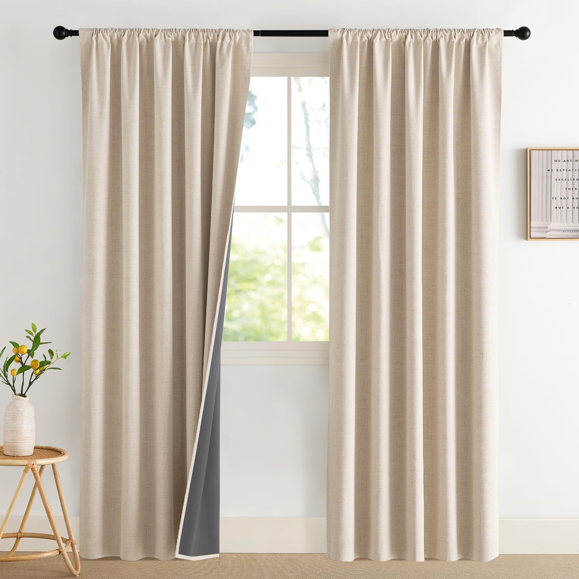 NICETOWN 100% Blackout Curtains for Bedroom, Living Room - Linen Textured Thermal Insulated Drapes Rod Pocket Top, Black Out Curtains with Grey Liner for Privacy, Natural, W52 x L80 in, 2 Panels