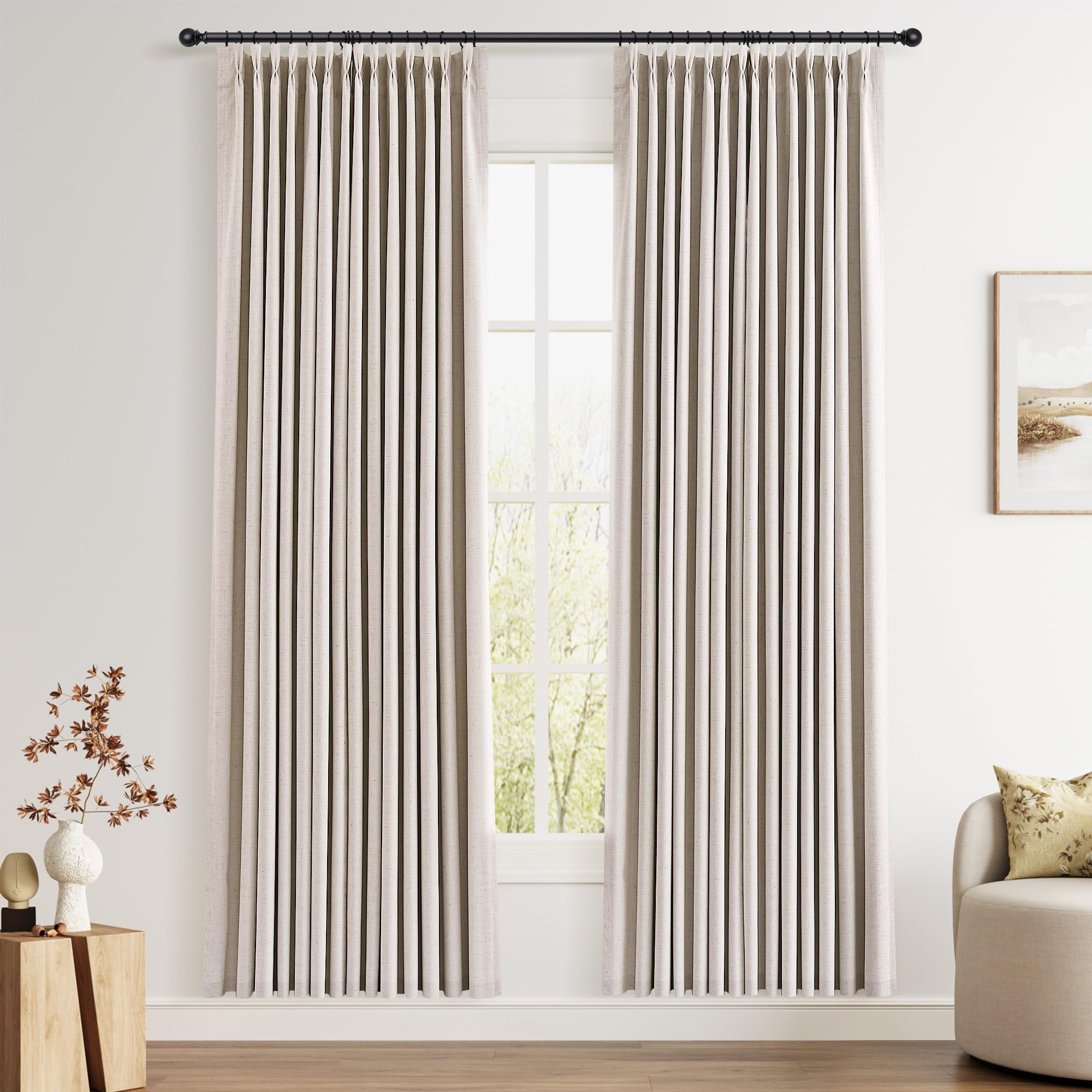 100% Blackout Sage Green Linen Curtains Pinch Pleated Green Blackout Curtains 84 Inches Long for Bedroom Living Room Memory Shaped Thermal Insulated Pinch Pleat Drapes with Hooks Rings Clips 7FT