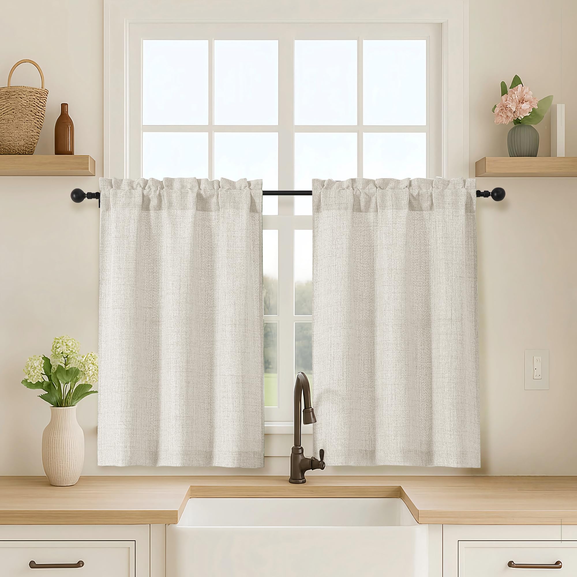 OVZME Kitchen Curtains 24 Inch Length, Light Filtering Faux Linen Textured Small Cafe Curtains, Short Window Curtain Tiers for Cabinet Bathroom Basement RV Camper, 30Wx24L Inch, 2PCS, Terracotta