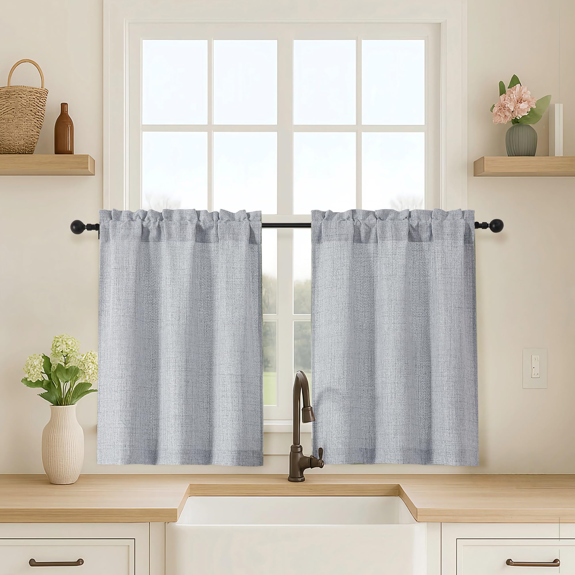 OVZME Kitchen Curtains 24 Inch Length, Light Filtering Faux Linen Textured Small Cafe Curtains, Short Window Curtain Tiers for Cabinet Bathroom Basement RV Camper, 30Wx24L Inch, 2PCS, Terracotta