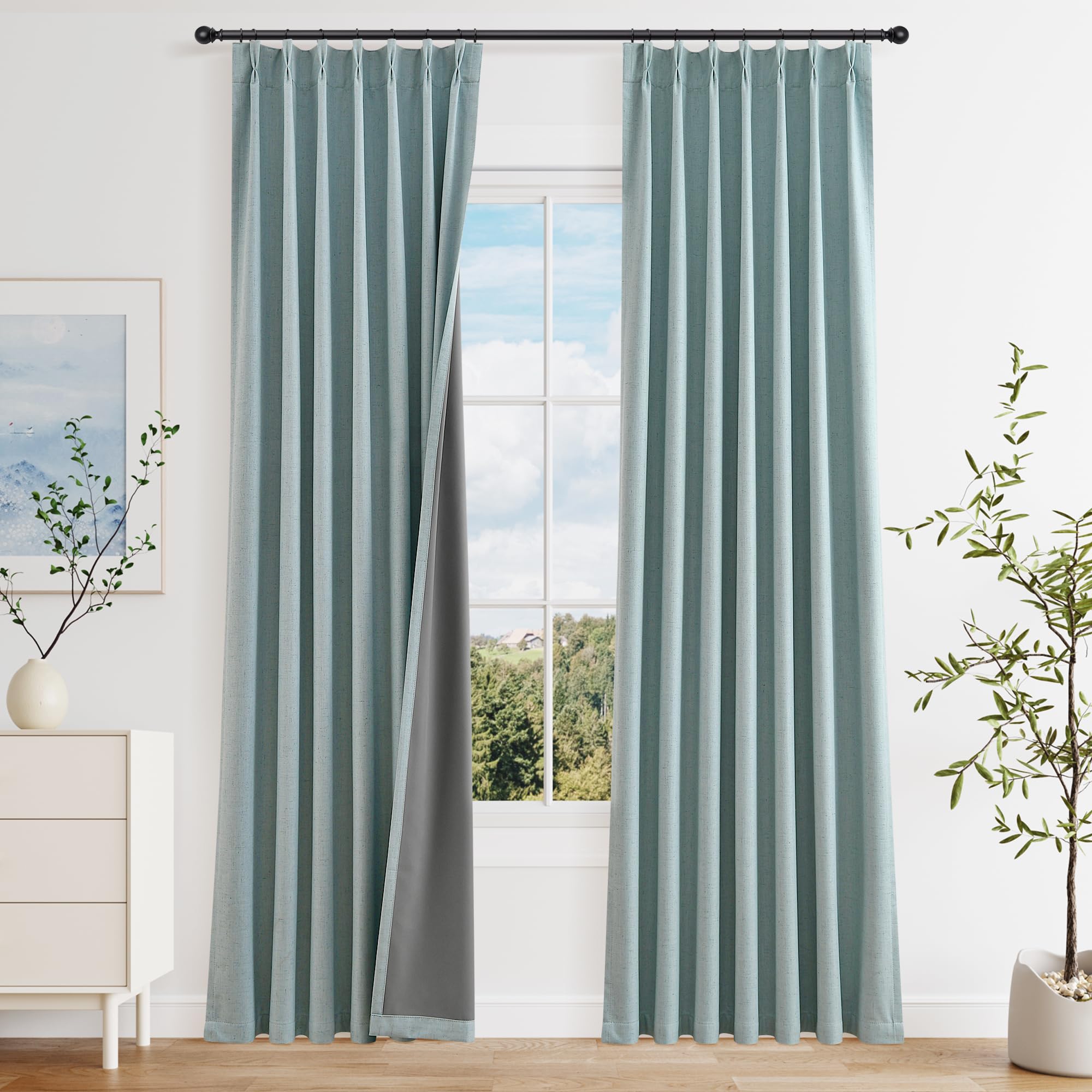 100% Blackout Sage Green Linen Curtains Pinch Pleated Green Blackout Curtains 84 Inches Long for Bedroom Living Room Memory Shaped Thermal Insulated Pinch Pleat Drapes with Hooks Rings Clips 7FT