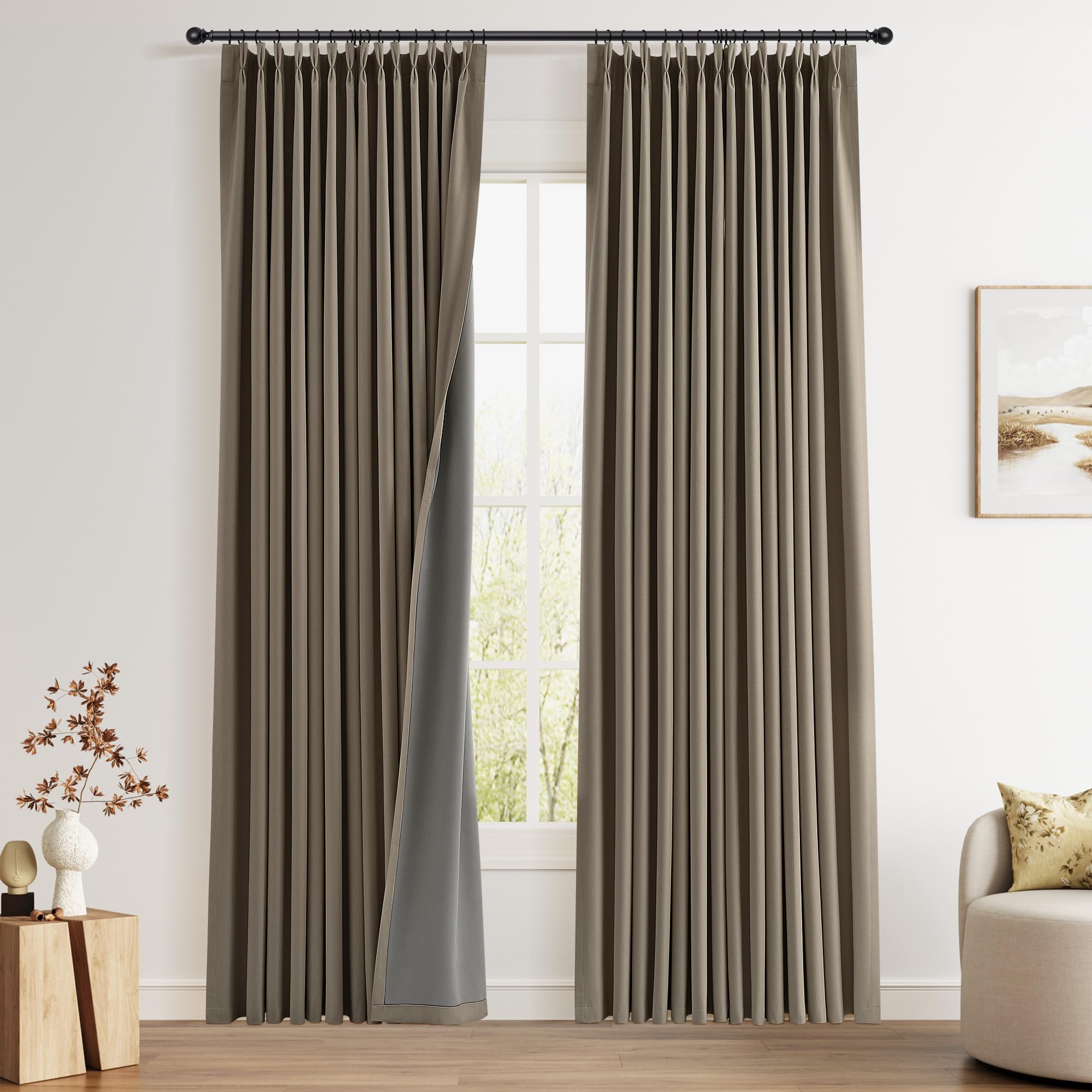 100% Blackout Sage Green Linen Curtains Pinch Pleated Green Blackout Curtains 84 Inches Long for Bedroom Living Room Memory Shaped Thermal Insulated Pinch Pleat Drapes with Hooks Rings Clips 7FT