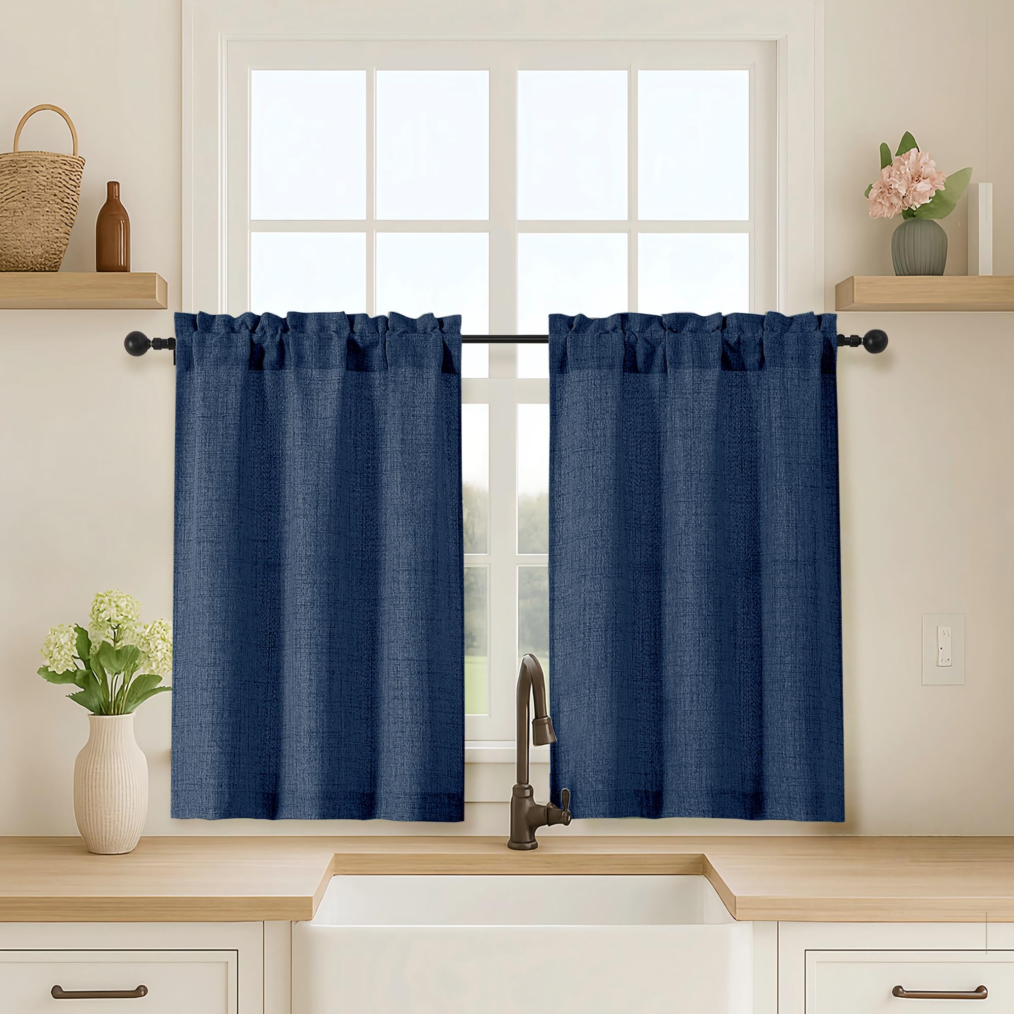 OVZME Kitchen Curtains 24 Inch Length, Light Filtering Faux Linen Textured Small Cafe Curtains, Short Window Curtain Tiers for Cabinet Bathroom Basement RV Camper, 30Wx24L Inch, 2PCS, Terracotta