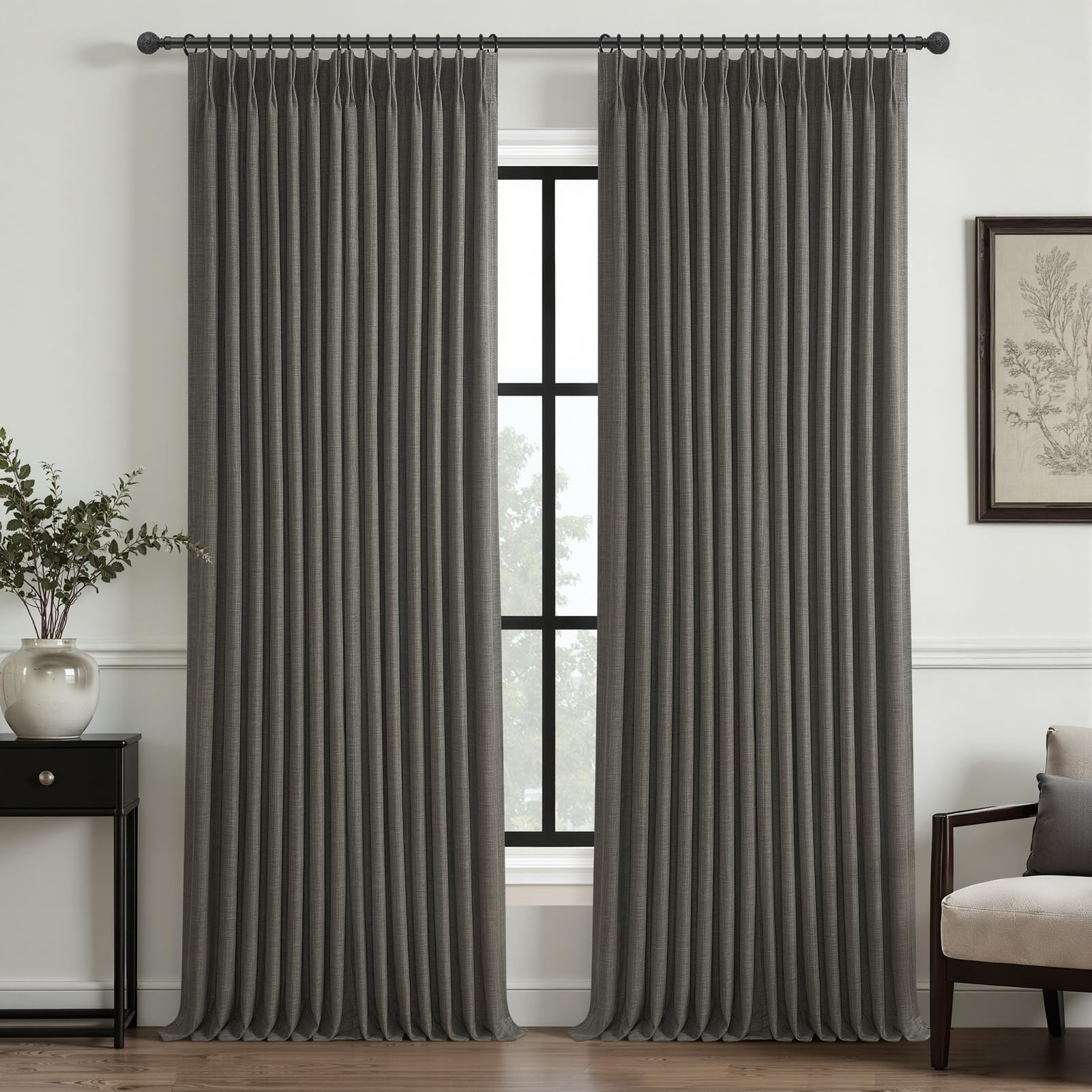 100% Blackout Linen 96 Inch Curtains 2 Panel Set for Bedroom, Modern Pinch Pleated Natural Linen Off Beige White Insulated Heavy Curtain 40 x 96 Inches Length Sliding Glass Door Room Darkening Drapes