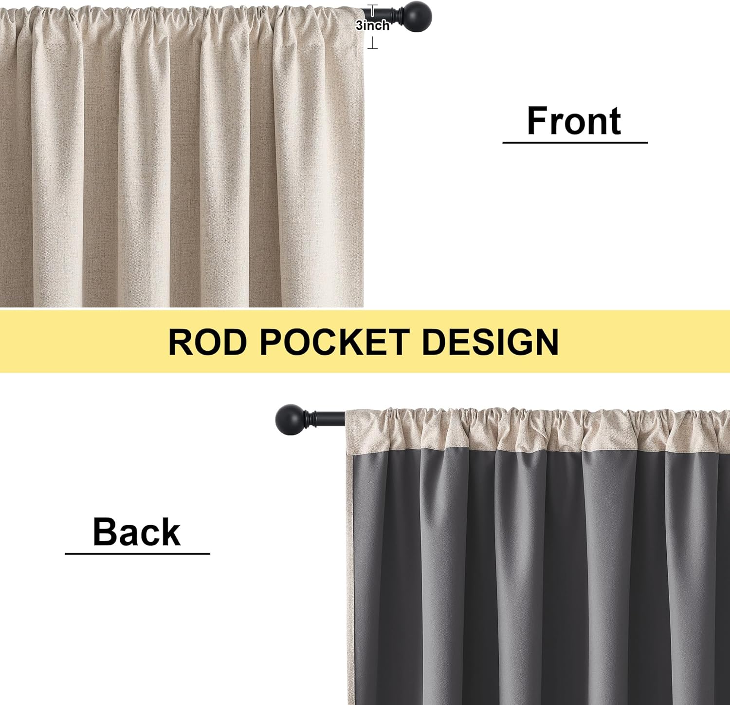 NICETOWN 100% Blackout Curtains for Bedroom, Living Room - Linen Textured Thermal Insulated Drapes Rod Pocket Top, Black Out Curtains with Grey Liner for Privacy, Natural, W52 x L80 in, 2 Panels