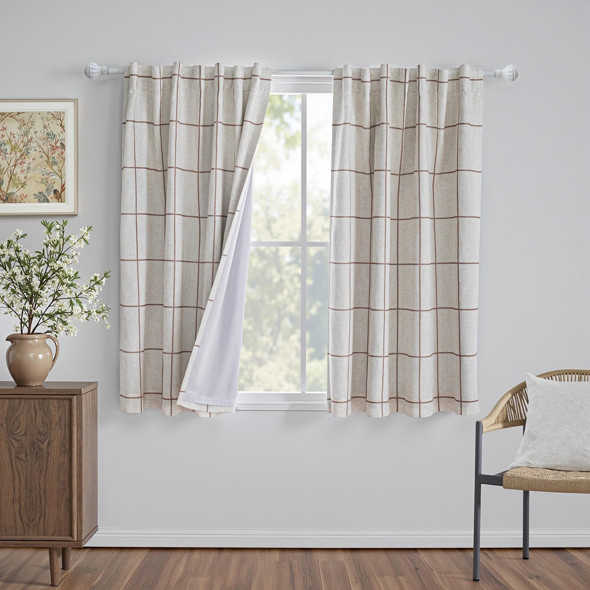 MYSKY HOME 100% Blackout Plaid Farmhouse Linen Curtains 84 Inch Long 2 Panels Set for Living Room Double Layer Windowpane Drapes Thermal Insulated Privacy Protection Rod Pocket Back Tab, 52" W, Black