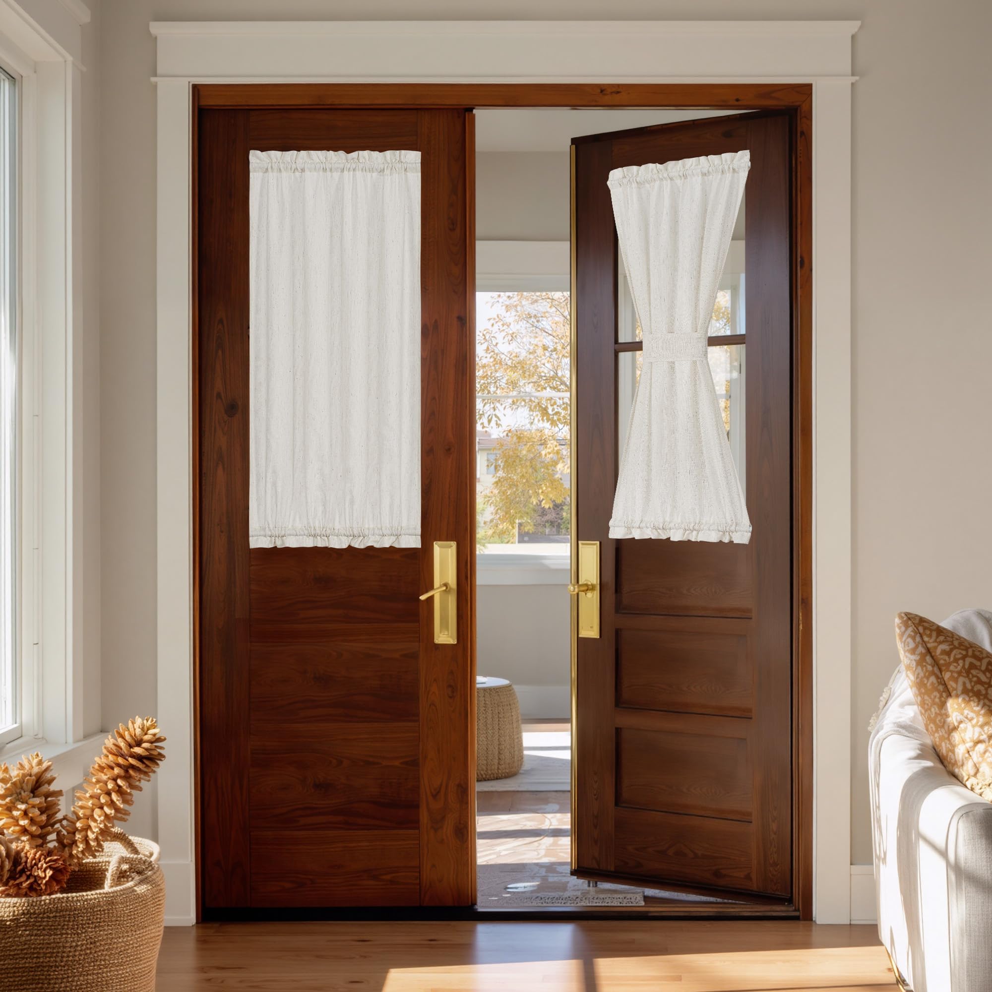 NICETOWN Linen Front Door Curtain 64 Inch Length for Glass Window, Cream Small Short Top and Botton Rod Pocket Curtains for Bedroom, 26 x 64, 1 Panel