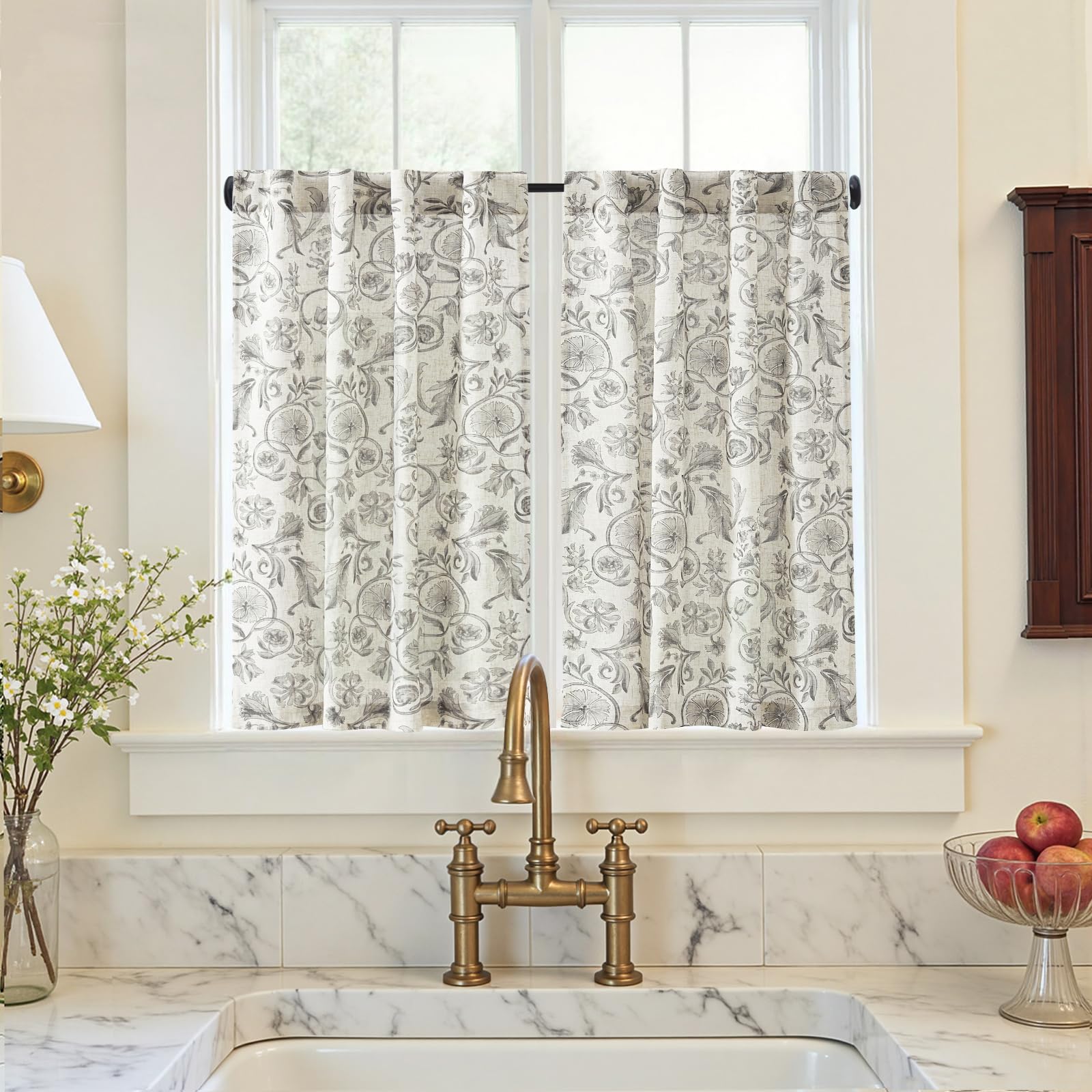 jinchan Linen Kitchen Curtains 24 Inch Vintage Floral Tier Curtains Farmhouse Cottage Cafe Rod Pocket Country Small Window for Laundry Room Bathroom RV 2 Panels Blue on Beige