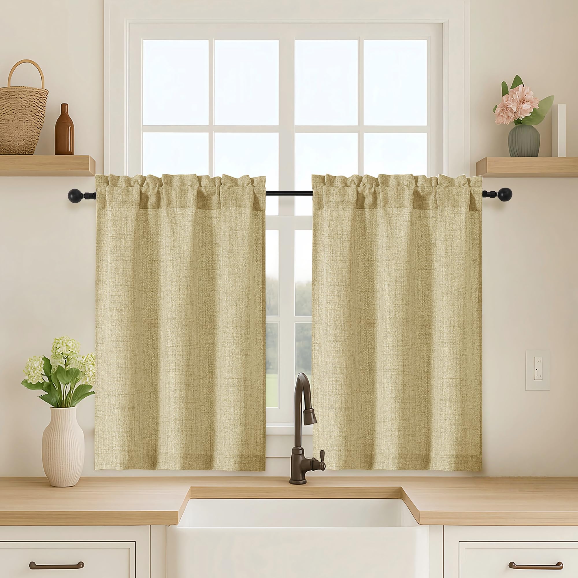 OVZME Kitchen Curtains 24 Inch Length, Light Filtering Faux Linen Textured Small Cafe Curtains, Short Window Curtain Tiers for Cabinet Bathroom Basement RV Camper, 30Wx24L Inch, 2PCS, Terracotta