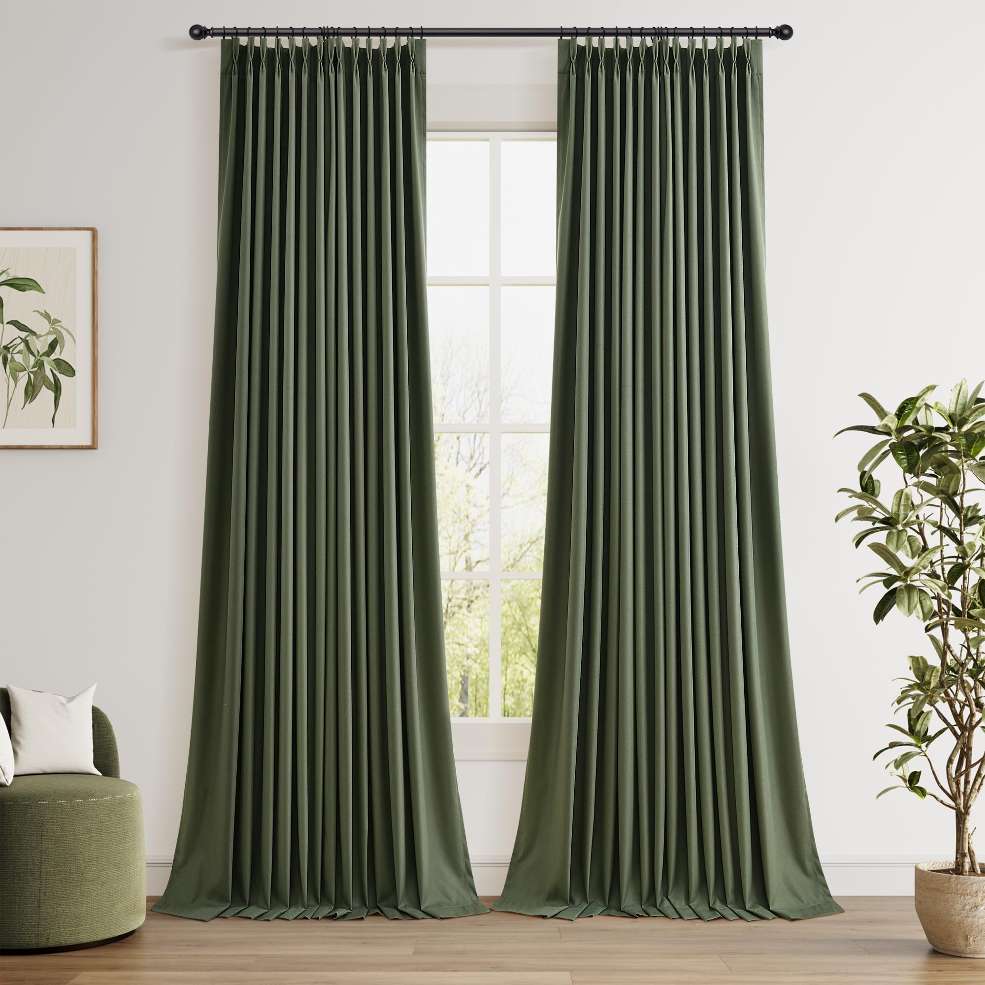 100% Blackout Sage Green Linen Curtains Pinch Pleated Green Blackout Curtains 84 Inches Long for Bedroom Living Room Memory Shaped Thermal Insulated Pinch Pleat Drapes with Hooks Rings Clips 7FT