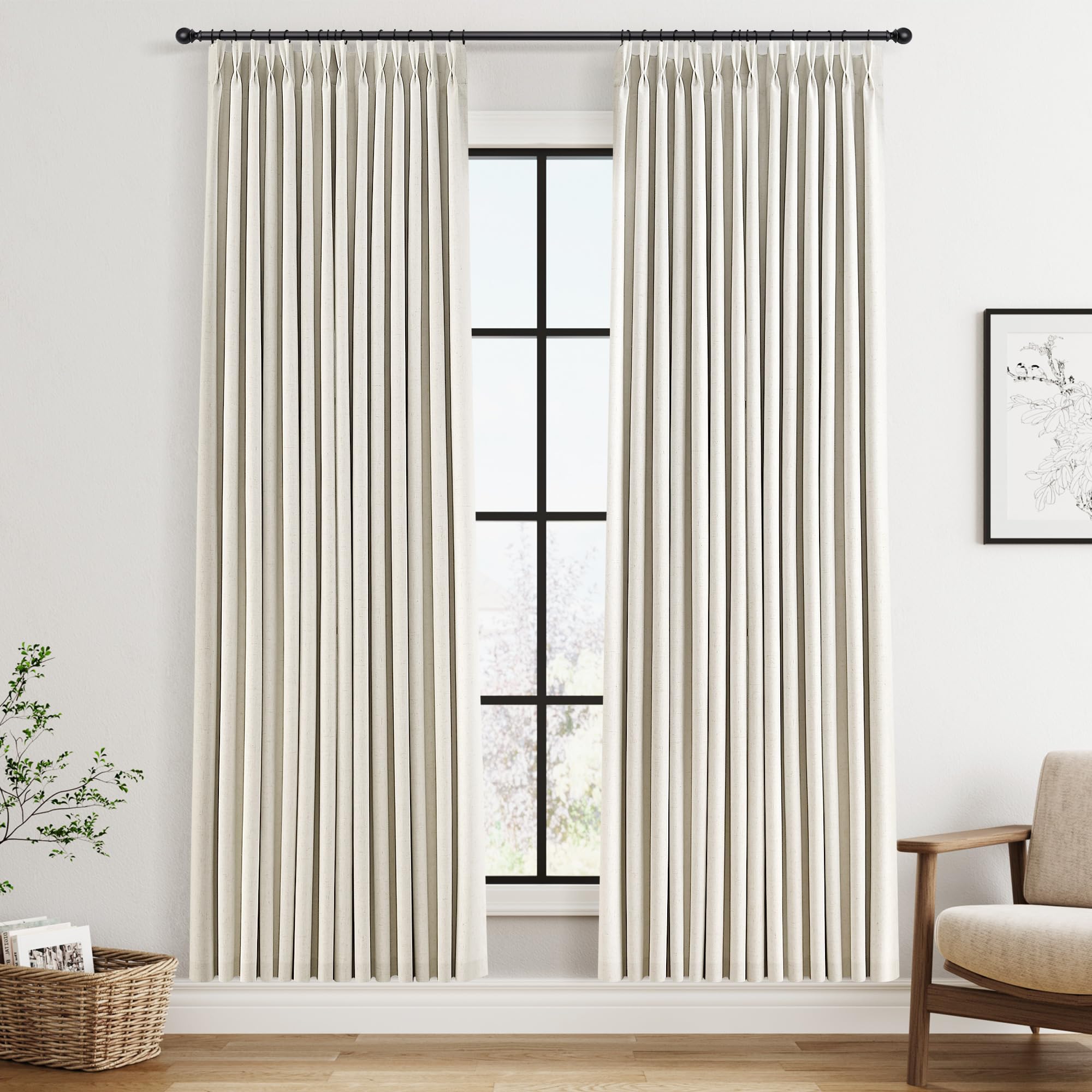 100% Blackout Sage Green Linen Curtains Pinch Pleated Green Blackout Curtains 84 Inches Long for Bedroom Living Room Memory Shaped Thermal Insulated Pinch Pleat Drapes with Hooks Rings Clips 7FT