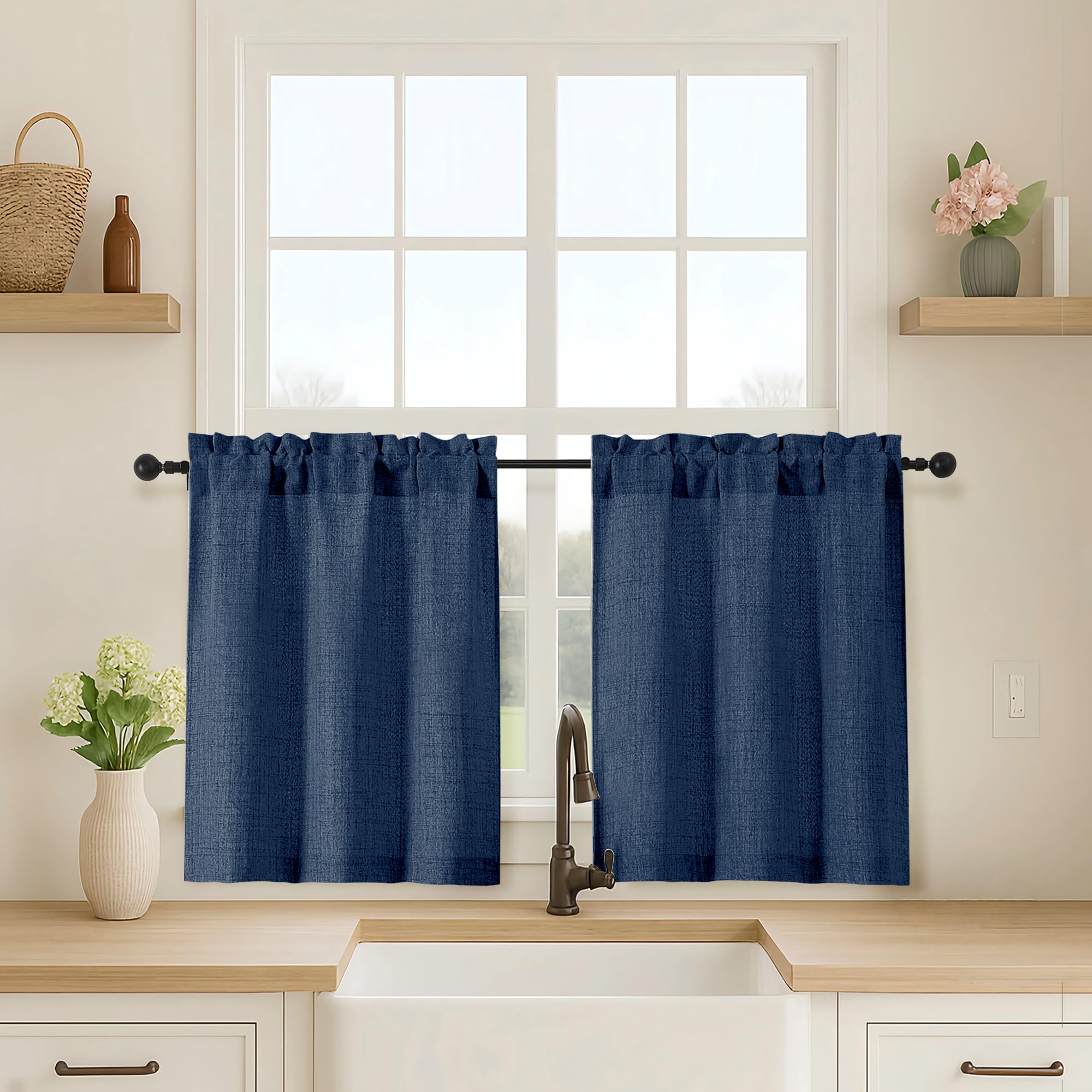 OVZME Kitchen Curtains 24 Inch Length, Light Filtering Faux Linen Textured Small Cafe Curtains, Short Window Curtain Tiers for Cabinet Bathroom Basement RV Camper, 30Wx24L Inch, 2PCS, Terracotta