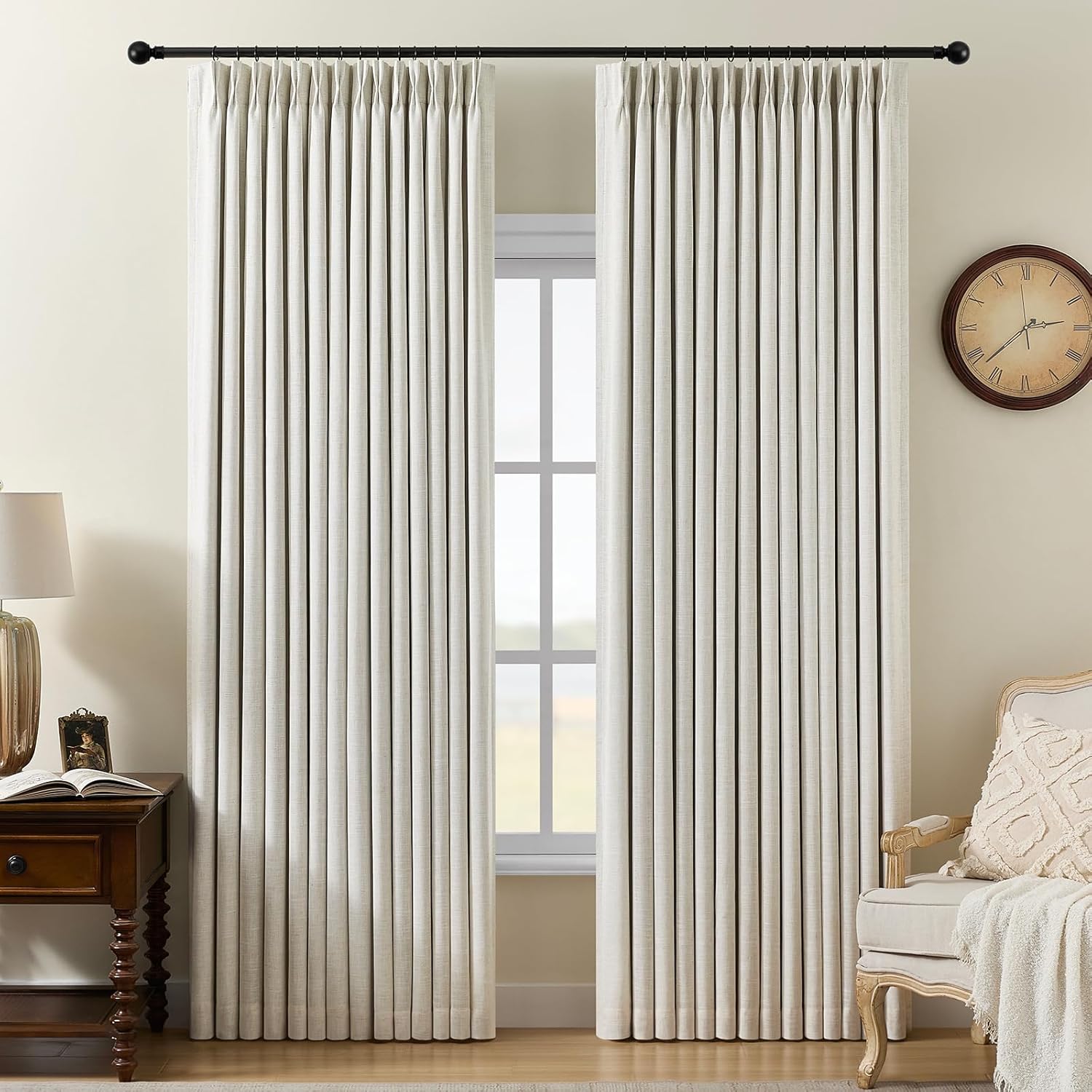 Pinch Pleated Curtains 100% Blackout Linen Curtains 95 Inches Long for Bedroom Living Room, Natural Memory Trained Thermal Insulated Room Darkening Window Pleat Drapes with Hooks, 2 Panels, 40"Wx95"L