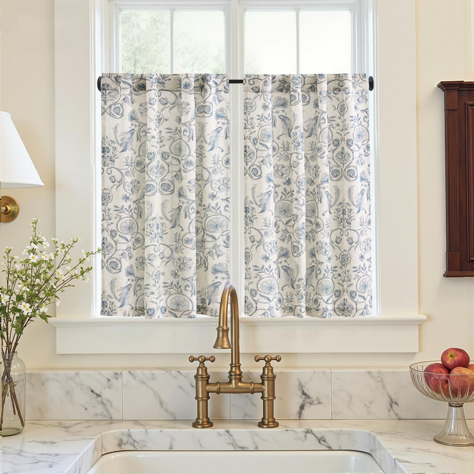 jinchan Linen Kitchen Curtains 24 Inch Vintage Floral Tier Curtains Farmhouse Cottage Cafe Rod Pocket Country Small Window for Laundry Room Bathroom RV 2 Panels Blue on Beige