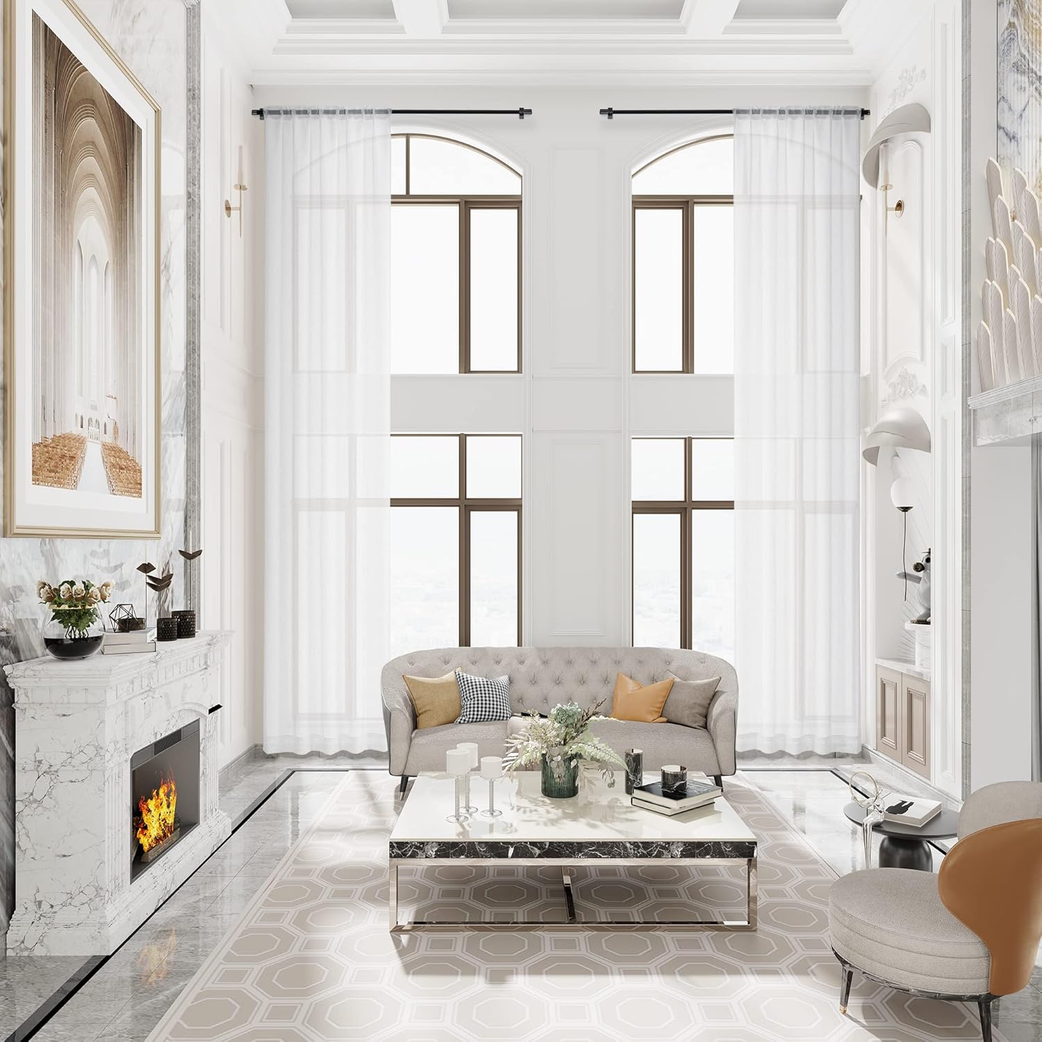 MASWOND Extra Long Faux Linen Sheer Curtain, High Ceilings, Rod Pocket Translucent Voile Sheer Breathable Curtain Panels for Living Room, Custom Made 16ft Length, 50" W x 192" L, White, 1 Panel